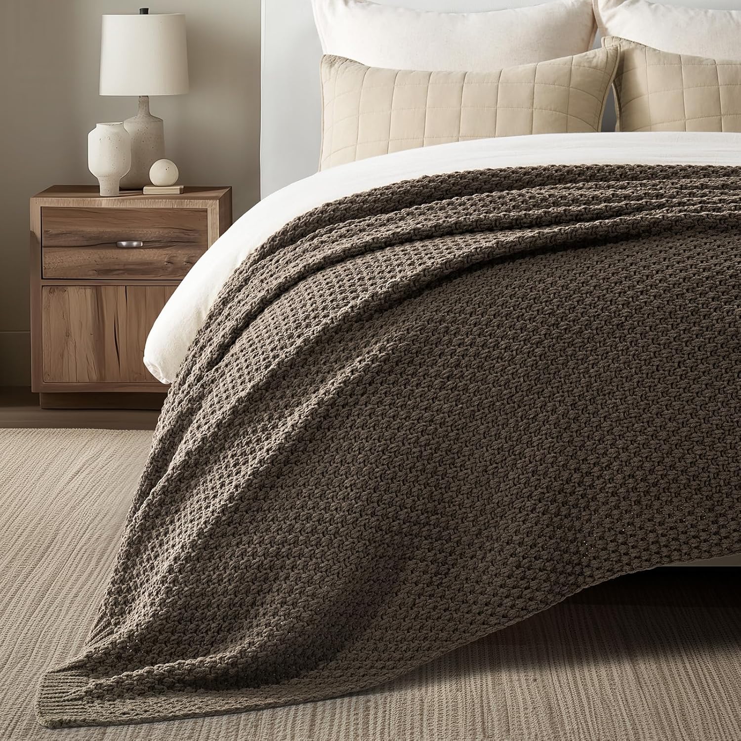 evergracehome chunky chenille knit throw blanket for couch, soft luxurious oversized queen moss stitch blanket for bed, cozy farmhouse knitted throw for sofa, mocha brown, 90" x 90" mocha brown 90" x 90"