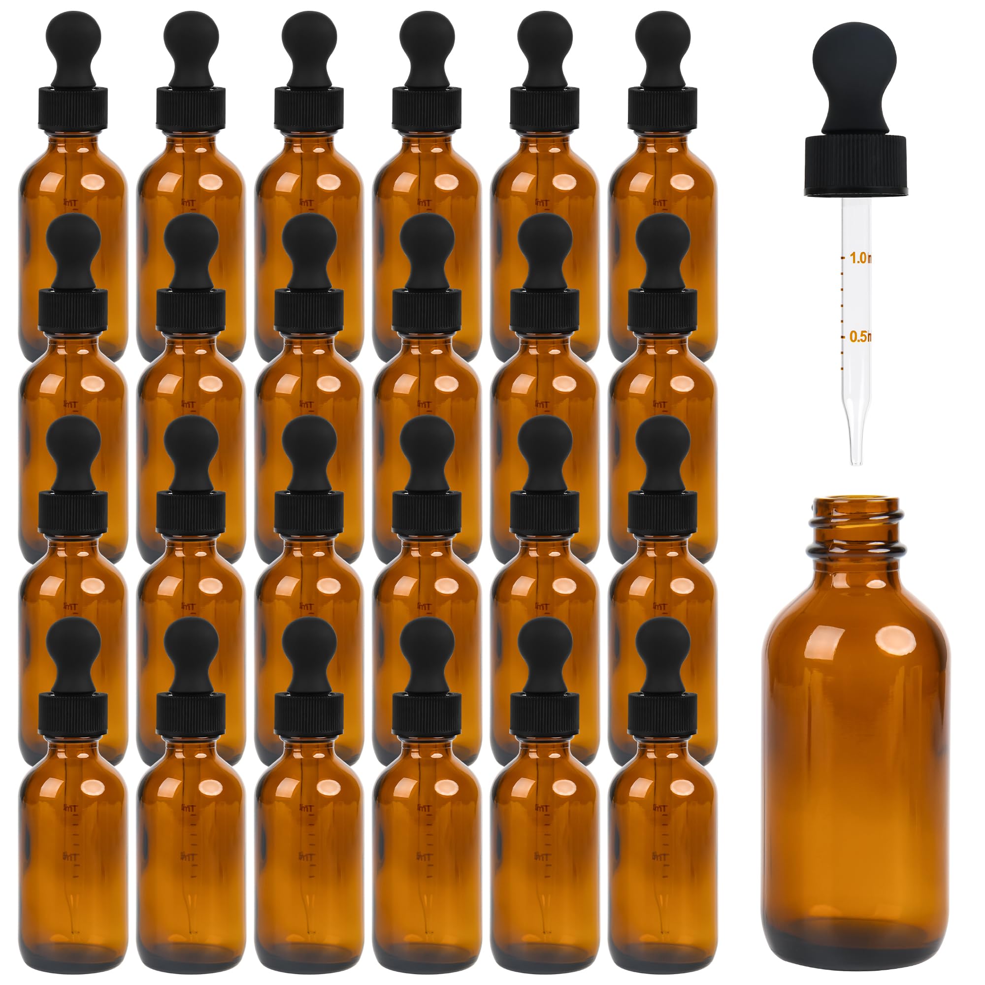 ZBCCEOB 24 Pack Amber Glass Dropper Bottle, 2 oz/60 ml with Dropper, Leak Proof Travel Dispenser Bottle for Essential Oils/Chemistry Laboratory