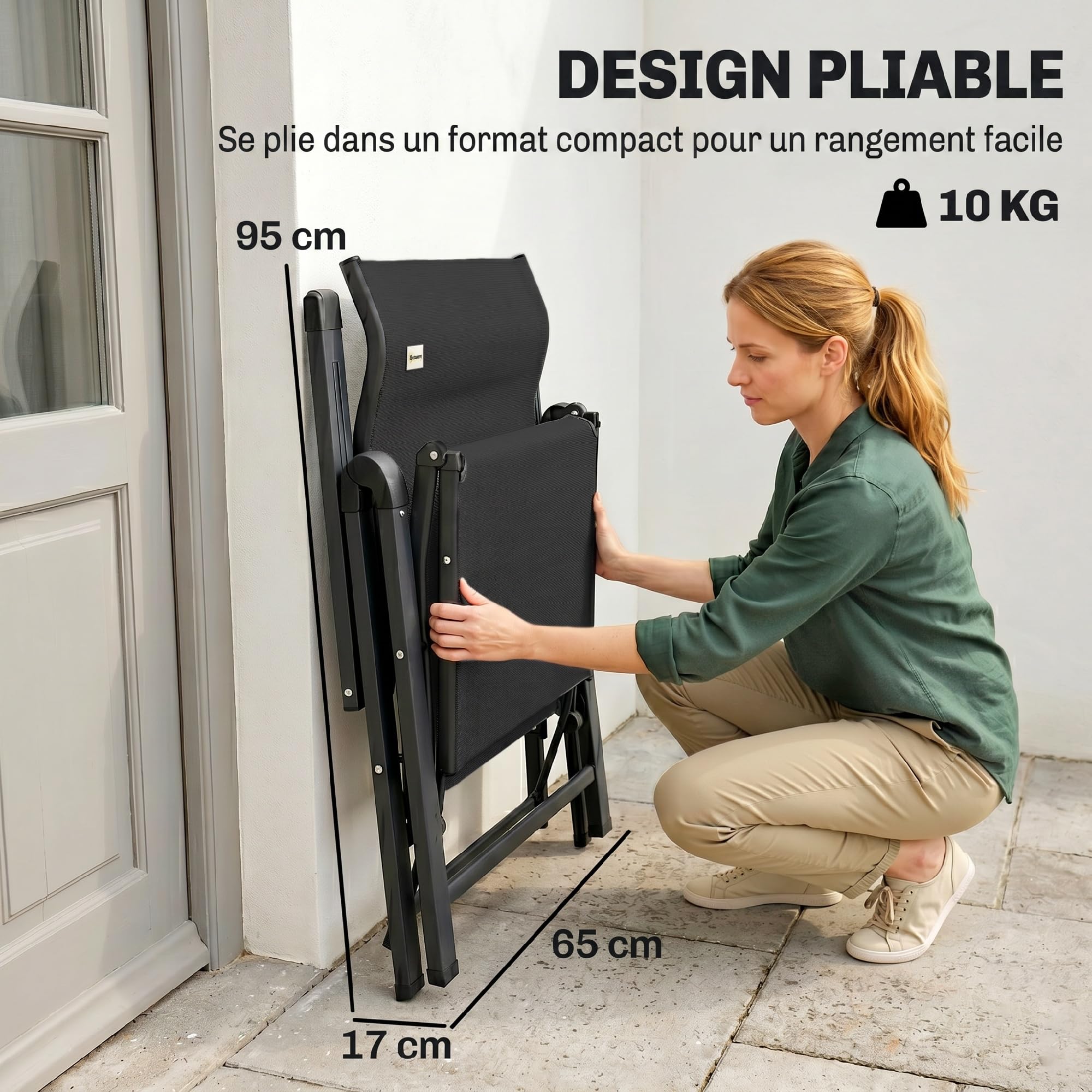 Outsunny Sedia a Sdraio Pieghevole Reclinabile, Poltrona Relax da Giardino con Schienale Regolabile in 9 Posizioni, Cuscino Lombare, per Giardino, Terrazza o Piscina, Nero