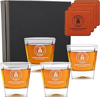 Personalized Military Scotch Glass Set of 4 with Optional Engraved Wooden Box - Custom Etched Glasses for Army, Navy, Air Force, Coast Guard - Active Duty & Veterans
