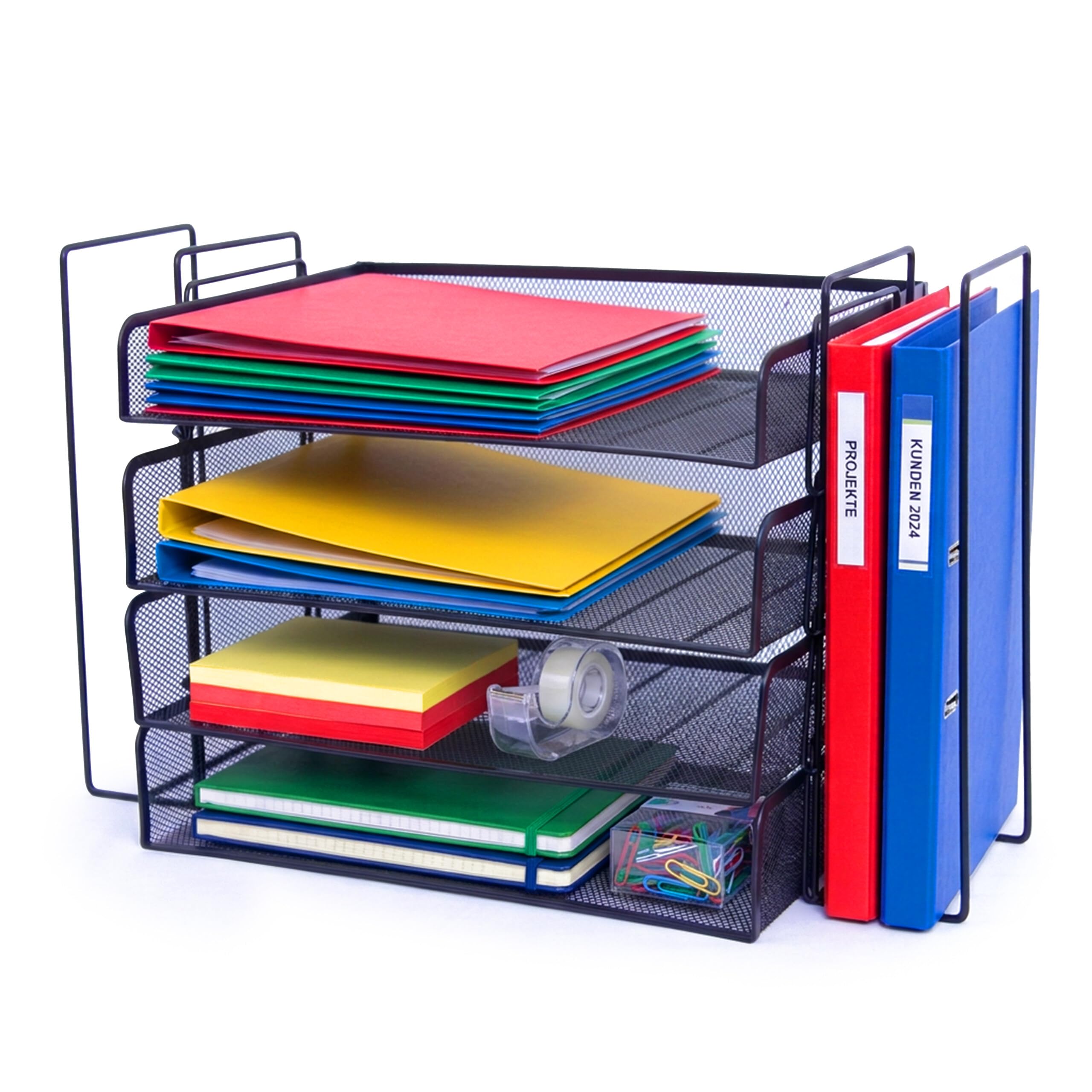 Relaxdays letter tray, metal, A4, 4 tiers, 2 file holders, HxWxD: 30 x 49.5 x 24.5 cm, desk organiser, black