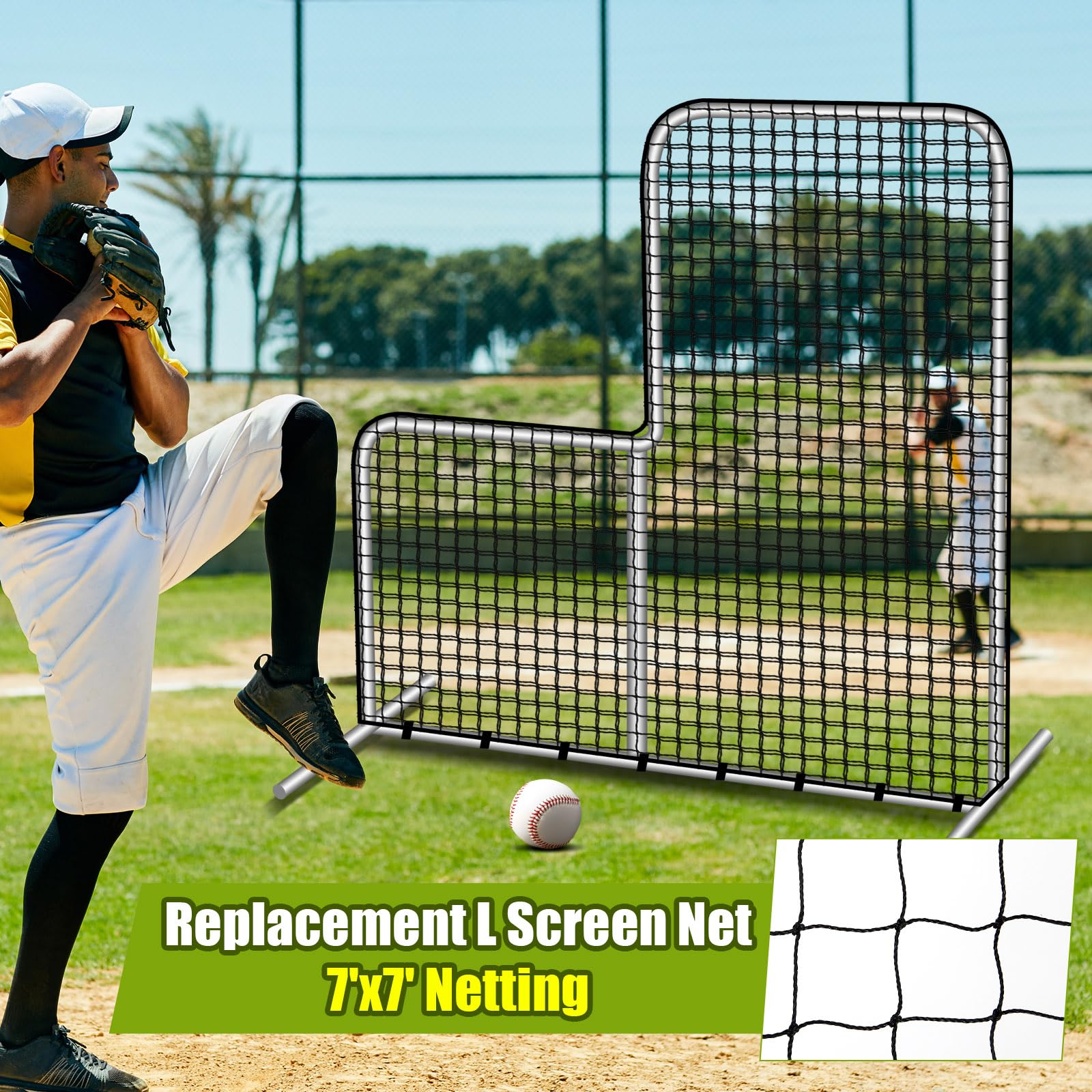 Vincreem Replacement Baseball L Screen Net 7 x 7 ft Protective Portable Pitching L Screen Safety Netting 45 Ply 42 Inch Cut Out, Net Only, No Frame Included, Black