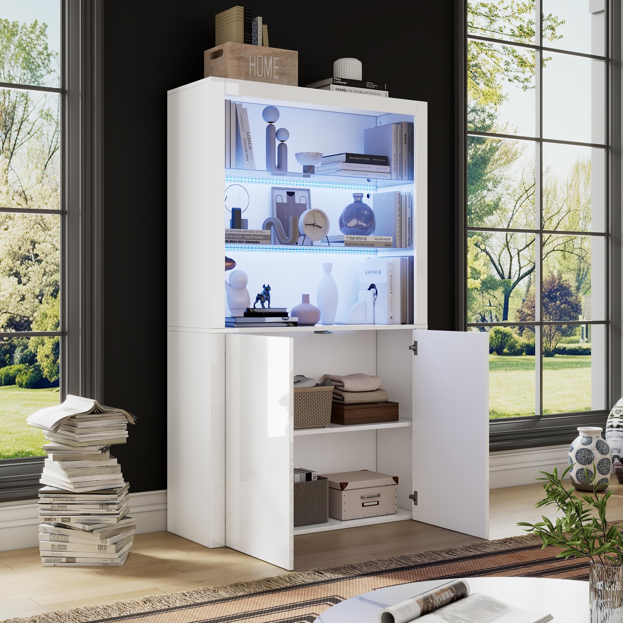 Vitrina Cristal Vitrina Salon con Luces LED y Separadores de Cristal, Vitrina Expositora con 2 Puertas, Armario de Colección Moderno, Armario Alto Multifunción, Vitrinas, 100x35x170 cm, Blanco