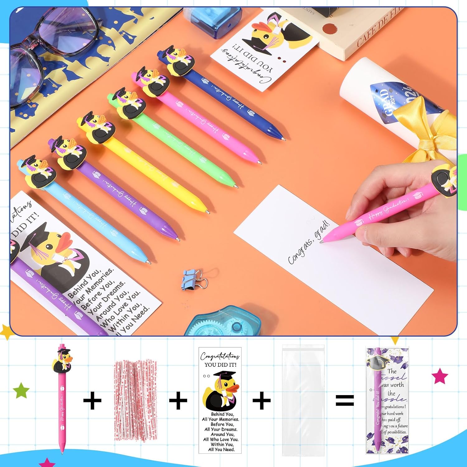 Sinload 48 Sets Graduation Gifts for Students Bulk Class of 2026 Ballpoint Graduation Party Favors for Guests Duck Ballpoint Pen with Inspirational Cards for College School End of Year