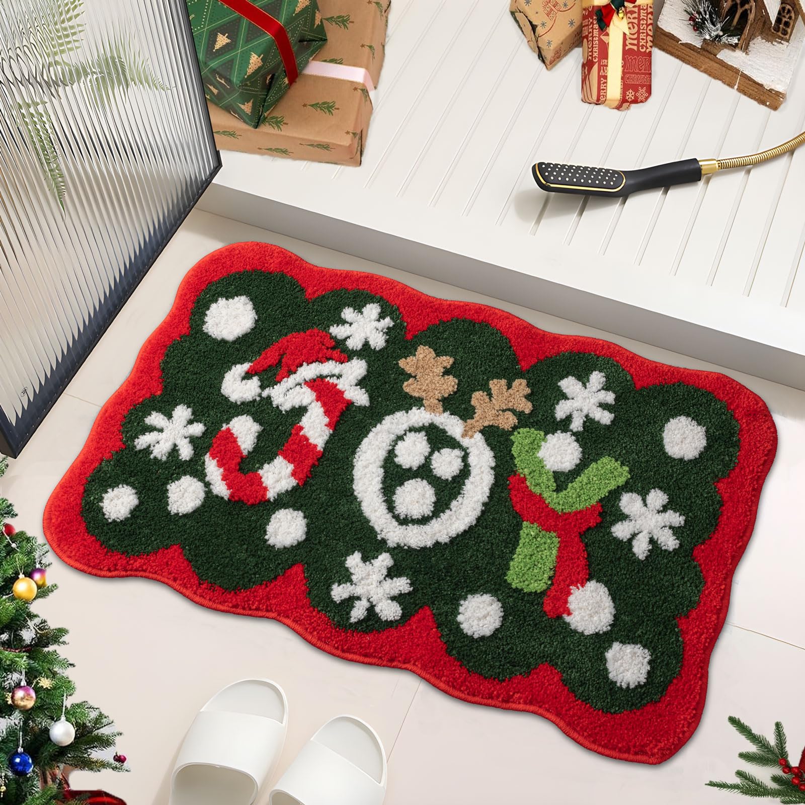 Urtlmaji Christmas Bathroom Rugs, Christmas Decorations Scalloped Joy Bath Rug, Non Slip Microfiber Xmas Festive Bath Mat for Bathroom Rug for Holiday Bathtub Sink Shower 32"x20", Christmas Green