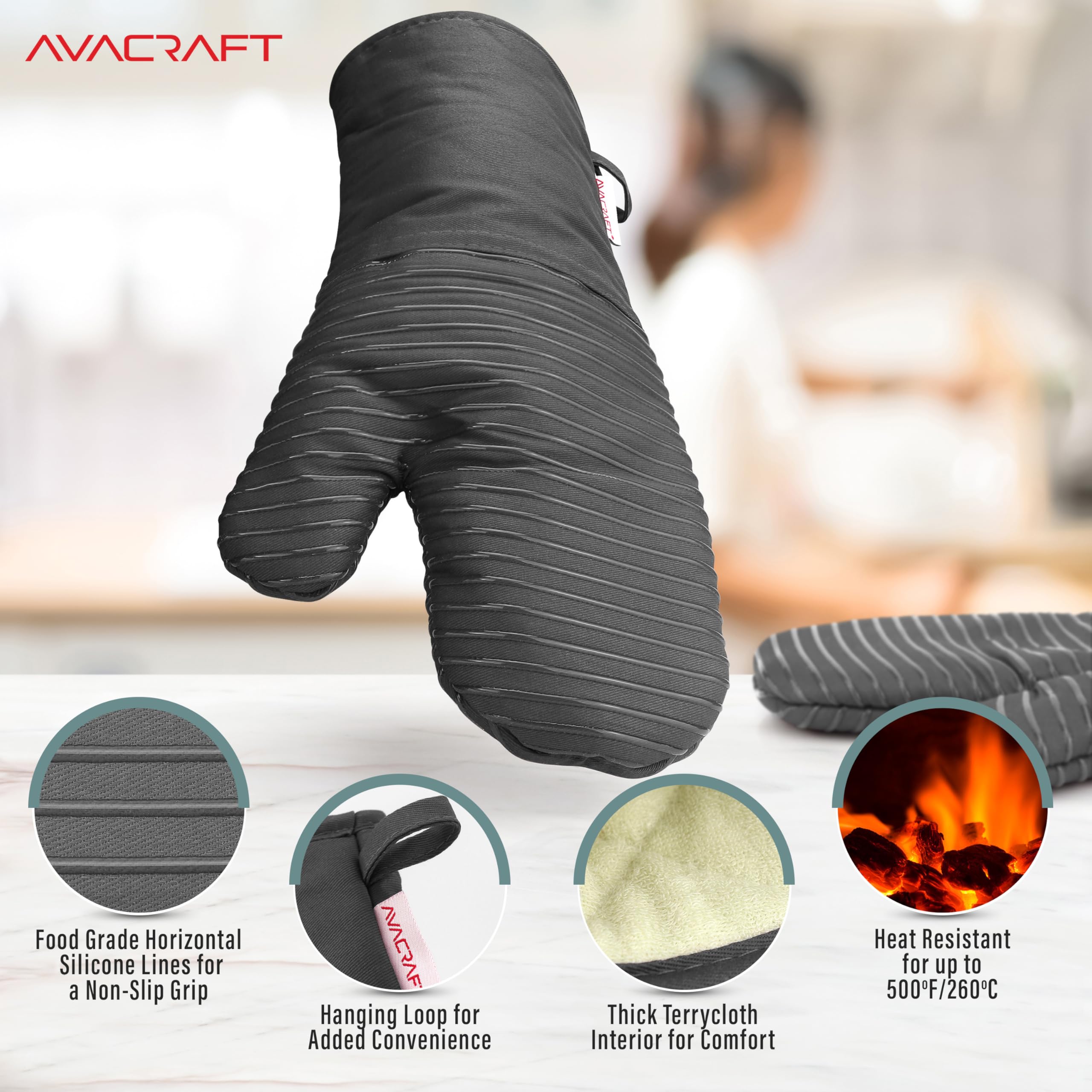 AVACRAFT Ofenhandschuhe, flexibel, 100 % Baumwolle mit einzigartigem, hitzebeständigem Silikon in Lebensmittelqualität, dicke Frottee-Innenseite, 250 °C hitzebeständig (graue Ofenhandschuhe)