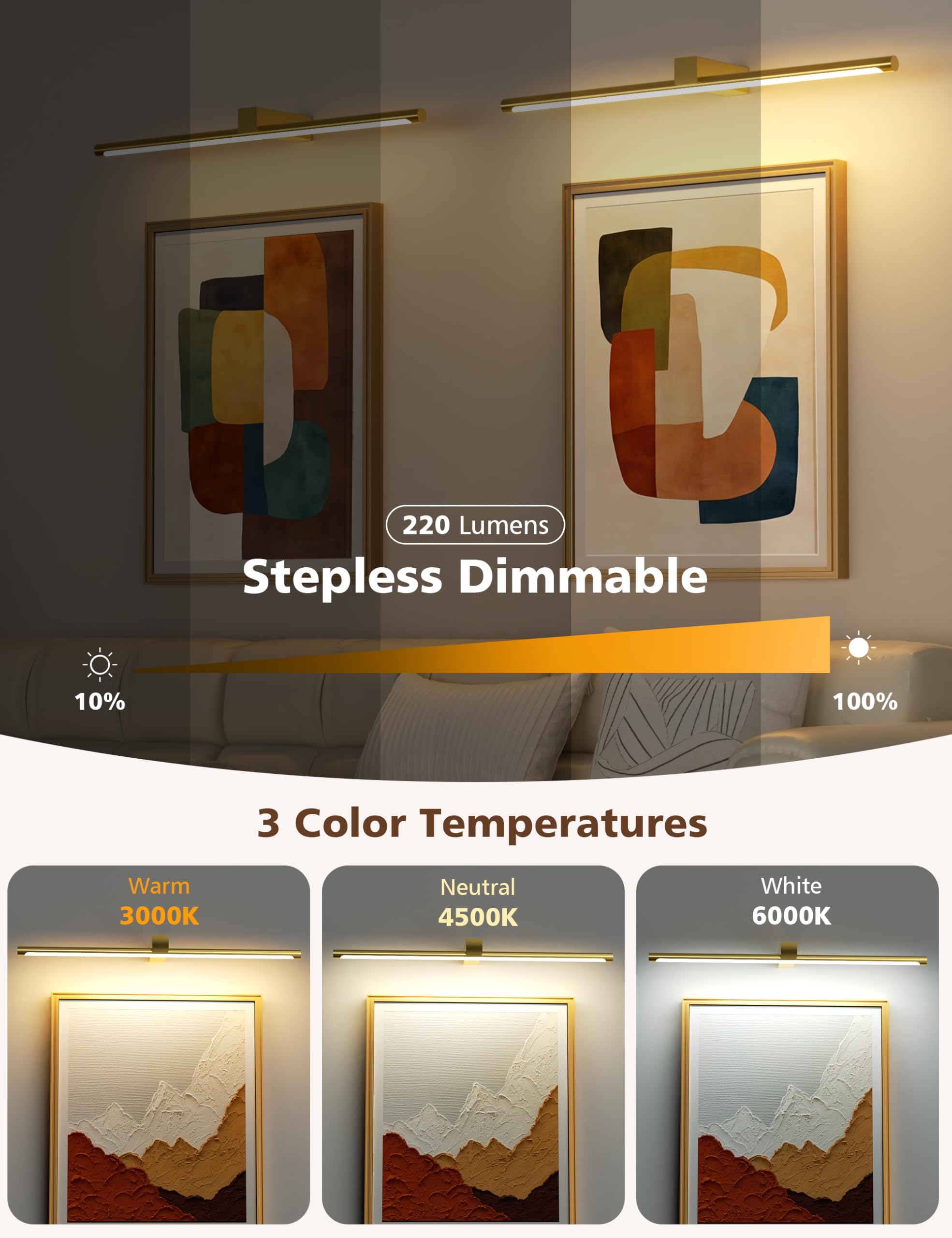 VOLISUN Luci per foto da parete, 5000 mAh, ricaricabili, funzionamento a batteria, 3 temperature di colore e dimmerabile continuamente, luce artistica da 220 lm per dipinti, gallerie, ritratti