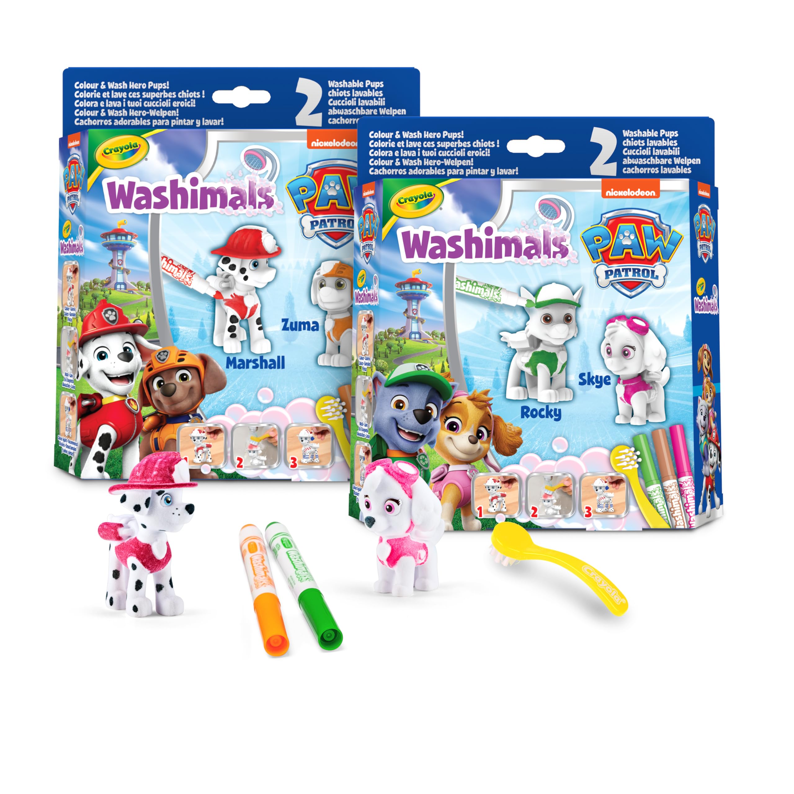 CRAYOLA - Washimals Paw Patrol, Set de Actividades con 2 Cachorros, 3 rotuladores Lavables y Pincel, Juego y Regalo para niños, a Partir de 3 años, 74-0287