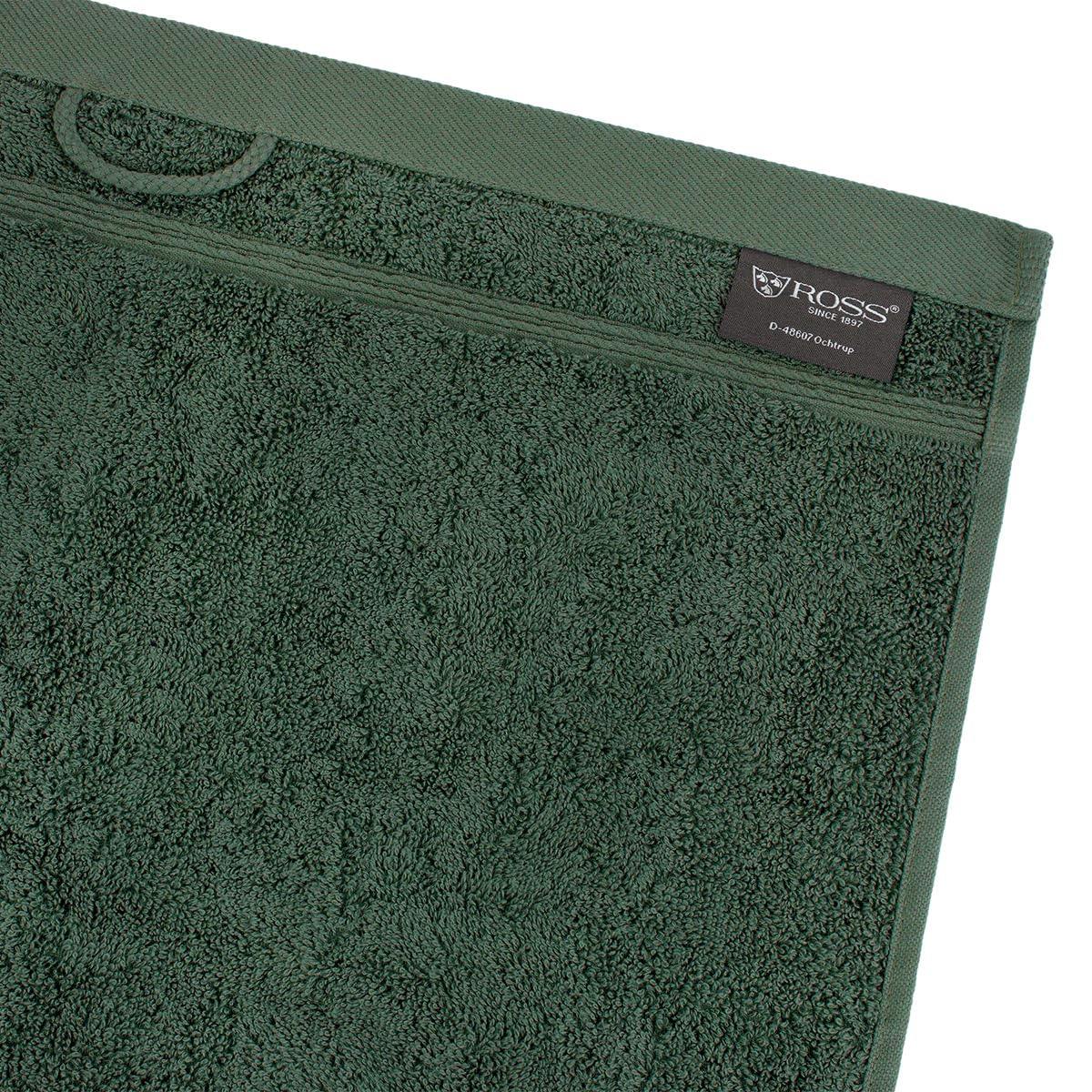Ross 2er-Set Rubin Duschtücher – 70 x 140 cm, Walkfrottee aus 100% Baumwolle, 480 g/m², weich & saugstark mit dezenter Kordelborde und gesticktem Logo – langlebig, pflegeleicht - Tannengrün