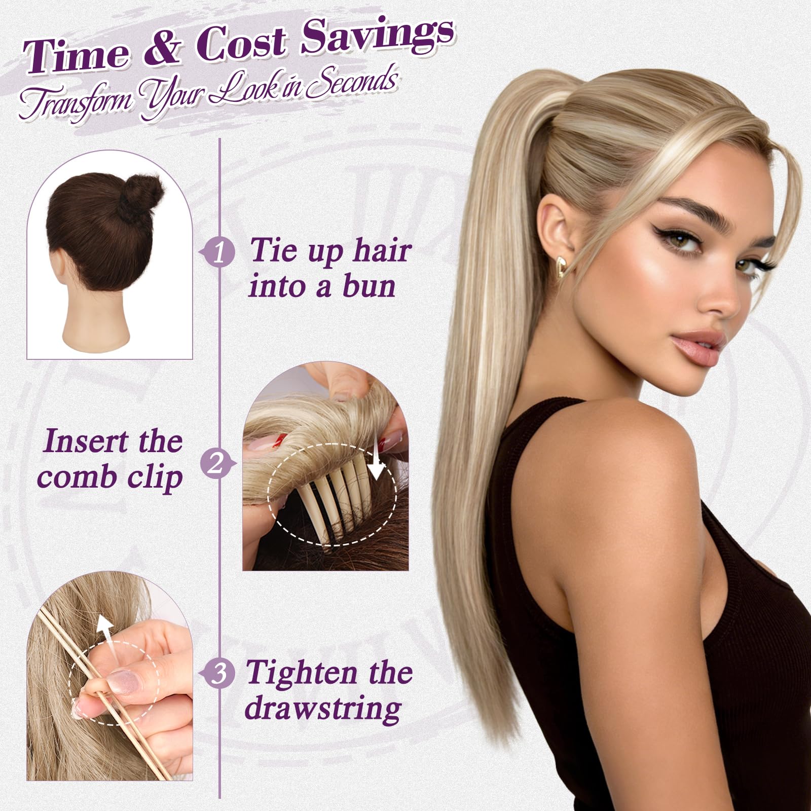 BARSDAR Ponytail Extension, 55cm Lang Glattes Blond Pferdeschwanz Haarteil Extension mit Kordelzug Aussehen Synthetische Cheer Posh Comb Clip Pferdeschwanz Haarverlängerung Haarteil Tägliche Party