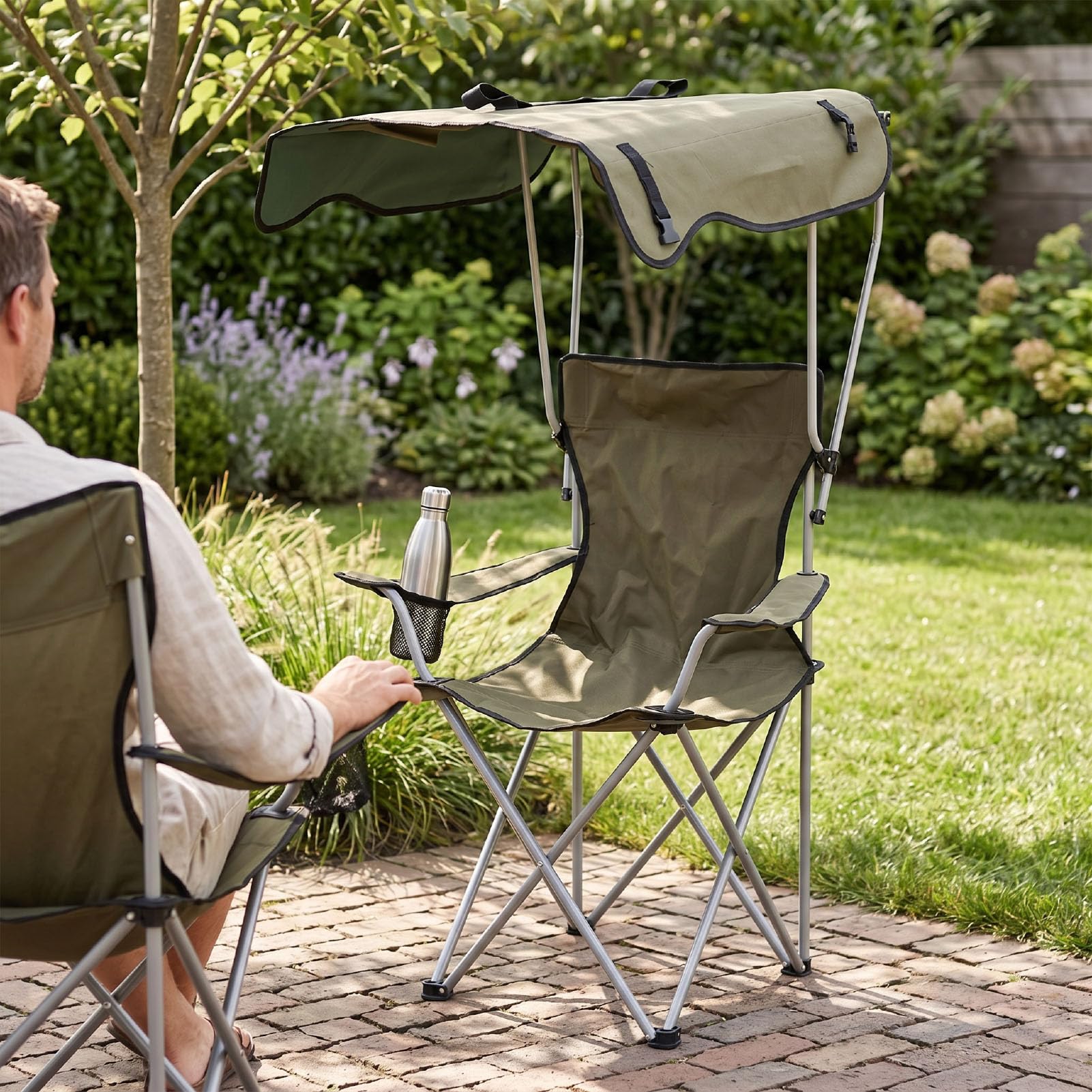 Sedia da Campeggio Pieghevole con Tettuccio Sedia da Esterno Ergonomica Premium per Viaggi da Picnic Sulla Spiaggia OD Green