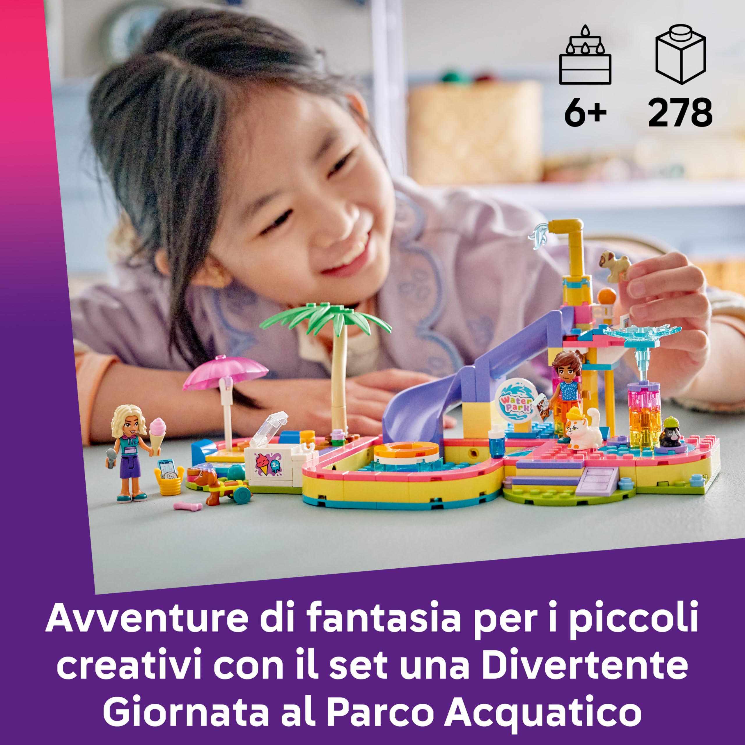 LEGO Friends Divertente Giornata al Parco Acquatico - Miniatura da Costruire Giocattolo con Scivolo, 2 Mini Bamboline, 4 Animali e Accessori - Idea Regalo di Compleanno per Bambine da 6 Anni - 42676