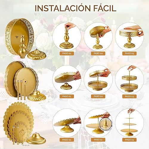 Miniatura 4 de Soporte redondo de encaje de metal dorado de 10 pulgadas para tartas de boda, soporte de exhibición de postres con acabado metálico brillante para