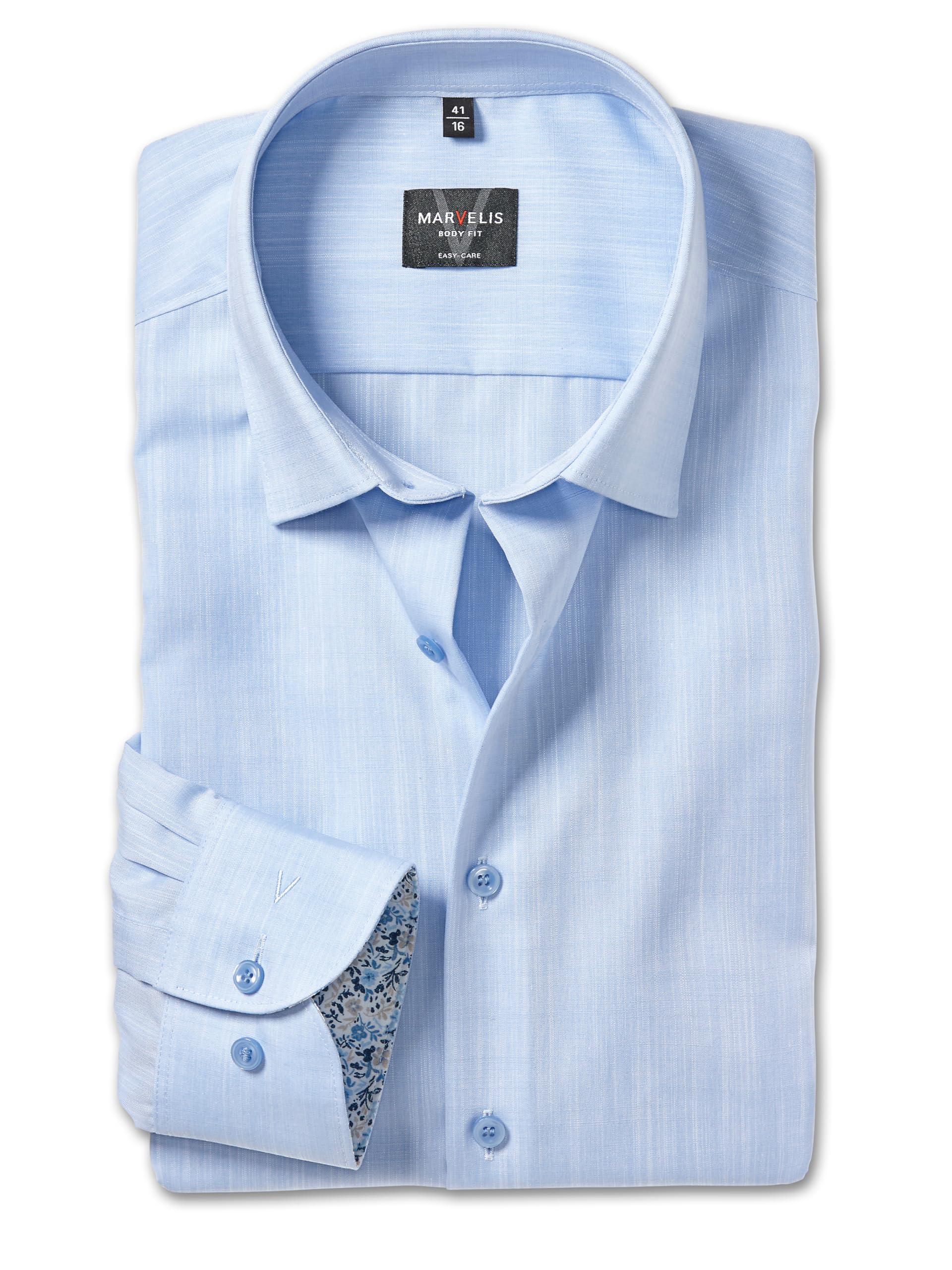 Marvelis Men's Long-Sleeved Body-Fit Shirt, Plain, 18 New York Kent, Bleu 11., 16