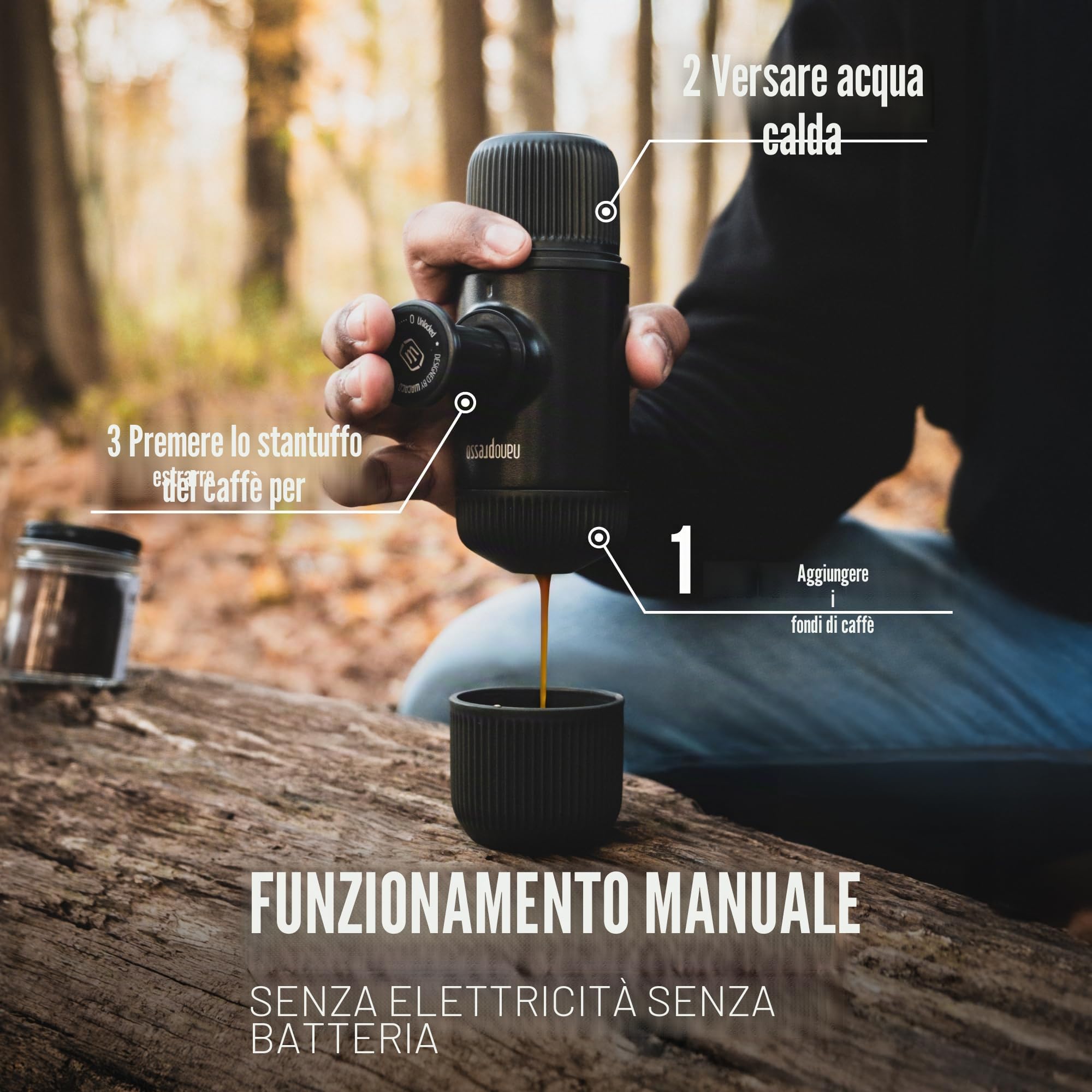 WACACO Nanopresso Macchina Caffe Portatile, Mini Espresso Portatile Senza Custodia Protettiva, Versione di Aggiornamento Per Minipresso, Operazione Manuale, Macchina da Caffe per Viaggi, Grigio