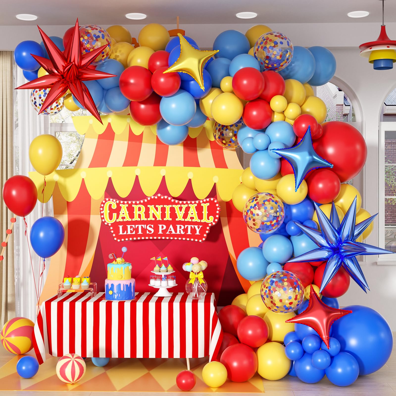 Photo 1 of 125pcs Carnival Balloons with Red Yellow Blue Balloons for Birthday Party Carnivals Theme Party Decorations