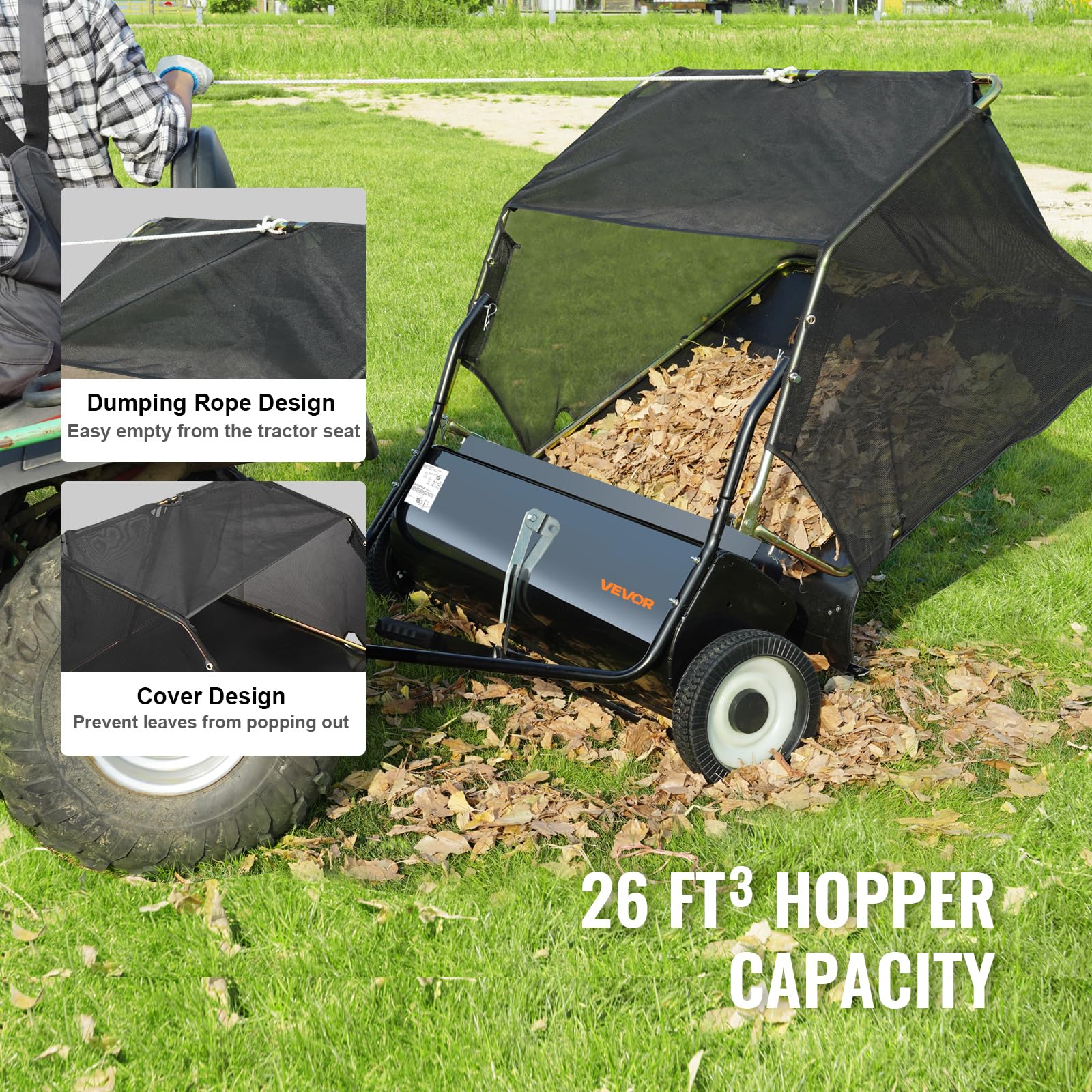 VEVOR Spazzatrice da Giardino Trainata, Spazzatrice per Foglie da 127 cm, Raccoglitore di Foglie ed Erba di Grande Capacità da 736 L con Altezza Regolabile per Cortile, Prato, Fattoria