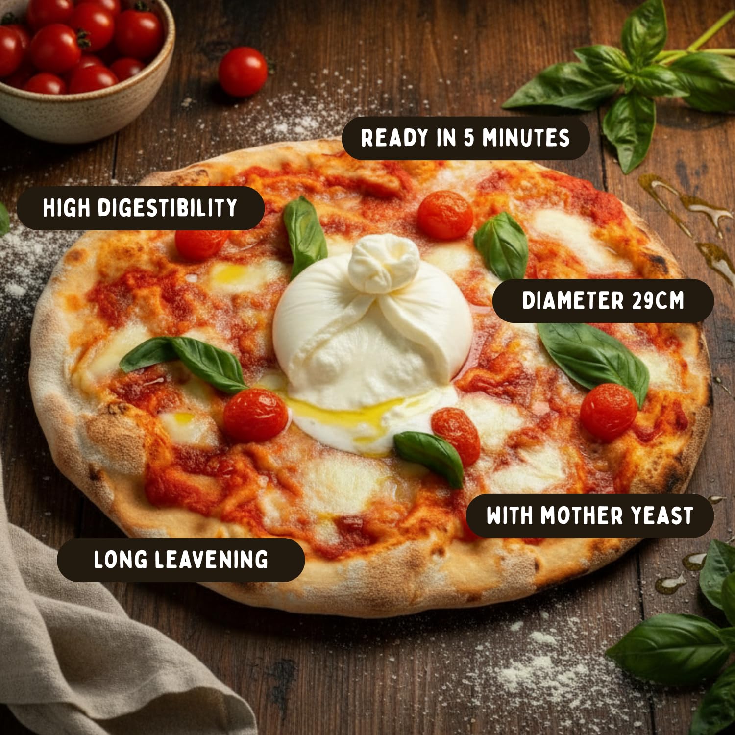 Pizza Precocinada, 6 Bases | Nuevo Formato de 250g | Pizza lista en 5 minutos, Largo tiempo de fermentación, Altamente digestiva | 6 Bases de Pizza de 250g