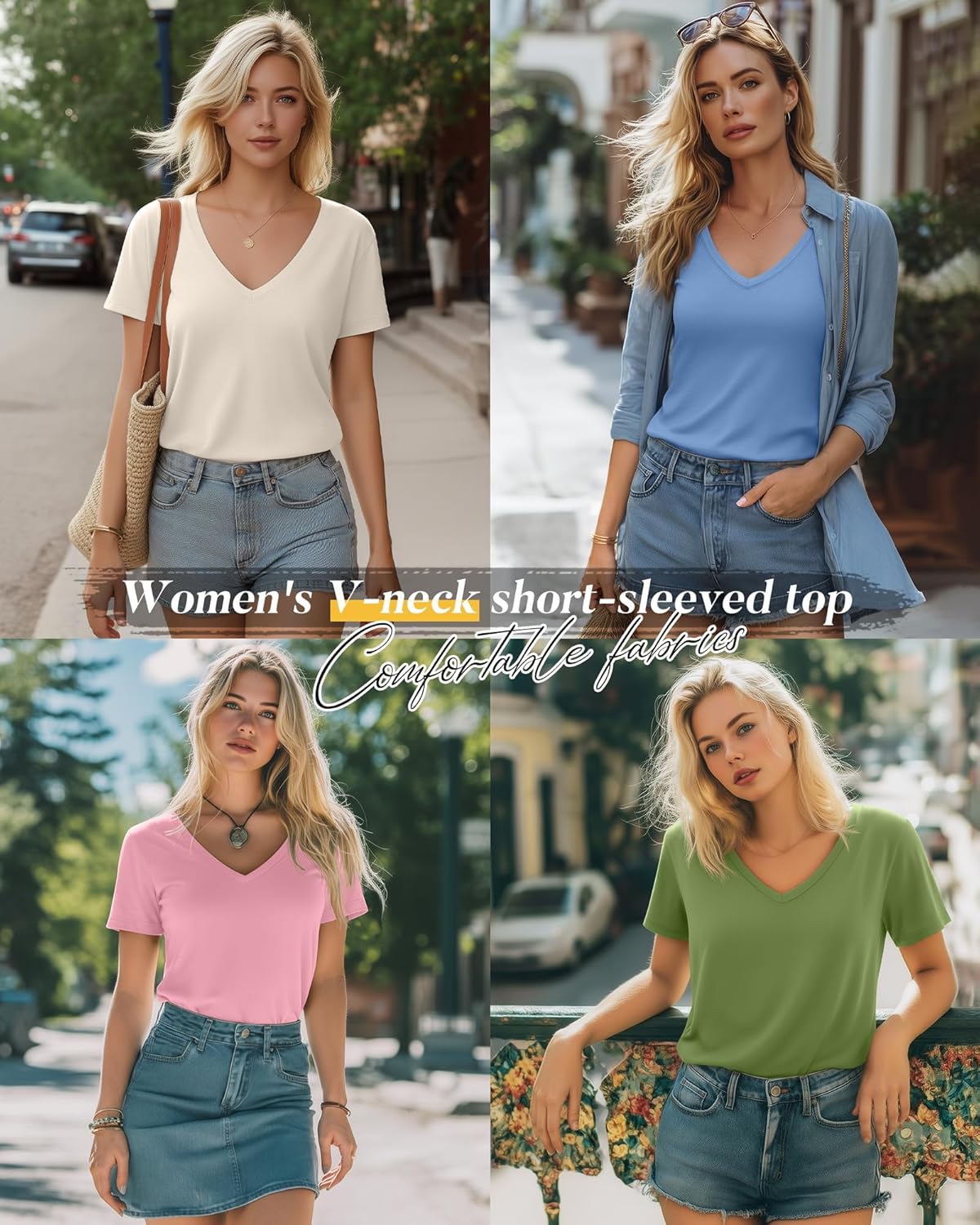 Neer 4 Pack Women's V Neck T-Shirts Short Sleeve Summer Casual Tops Loose Fit Flat Hem Plain Basic Tees - Image 2