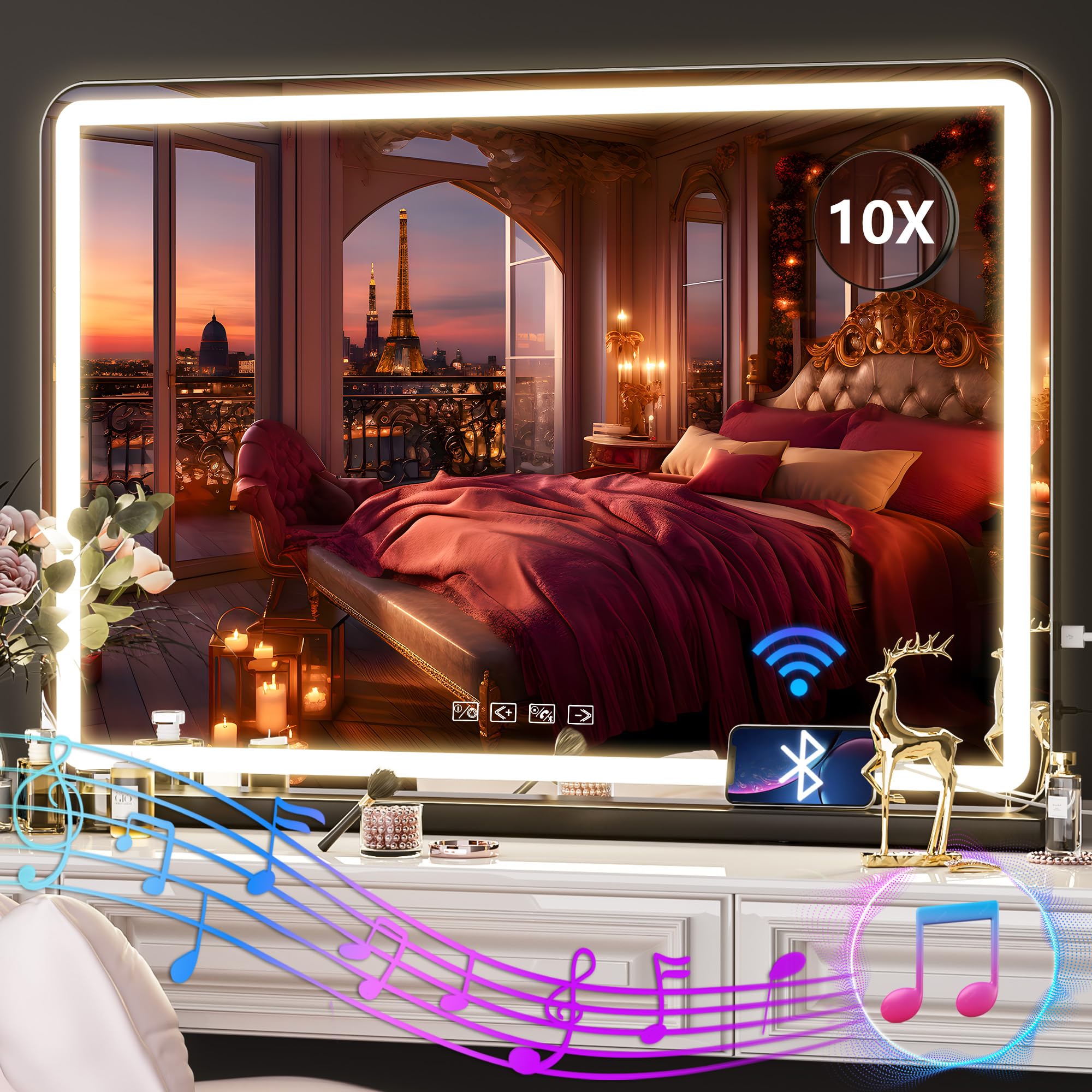 Hasipu Vanity Mirror with Lights and Bluetooth Speaker, 16"×12" LED Makeup Mirror Black