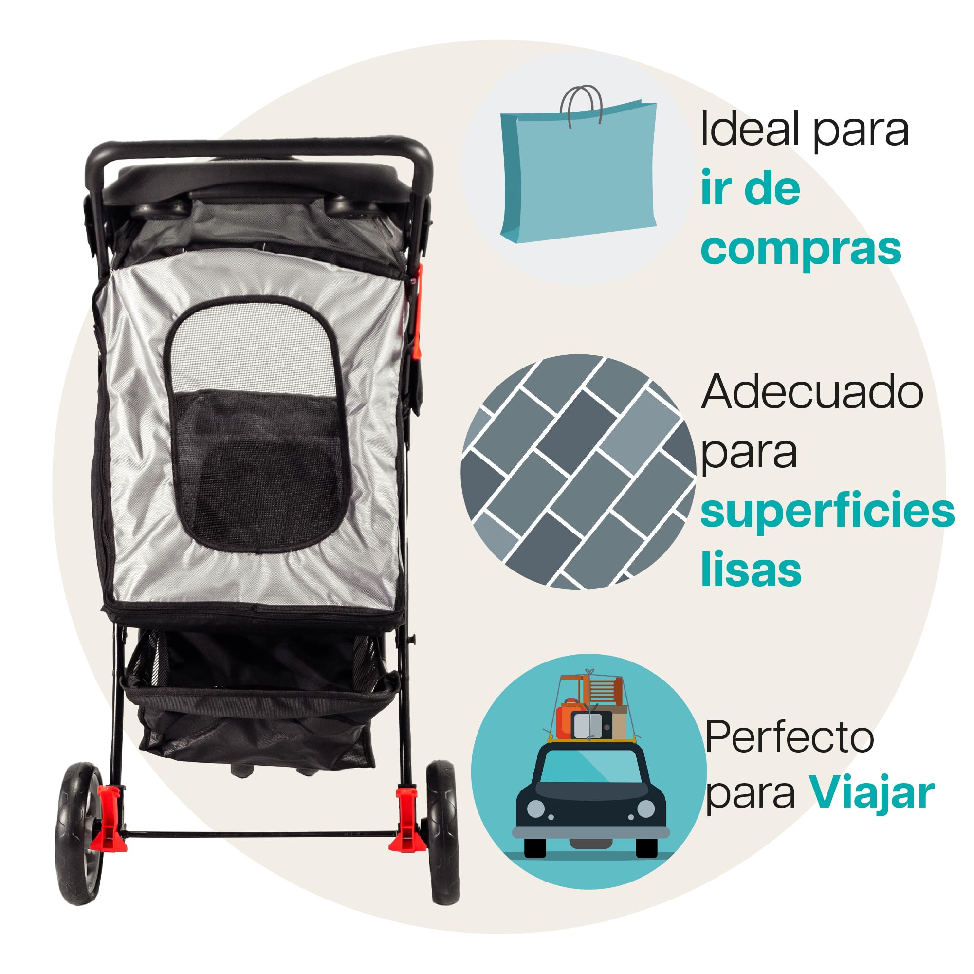 Innopet All Terrain negro/plata - Carrito de 3 ruedas para perros y gatos hasta 12,5kg, con ruedas EVA, plegado fácil y portavasos