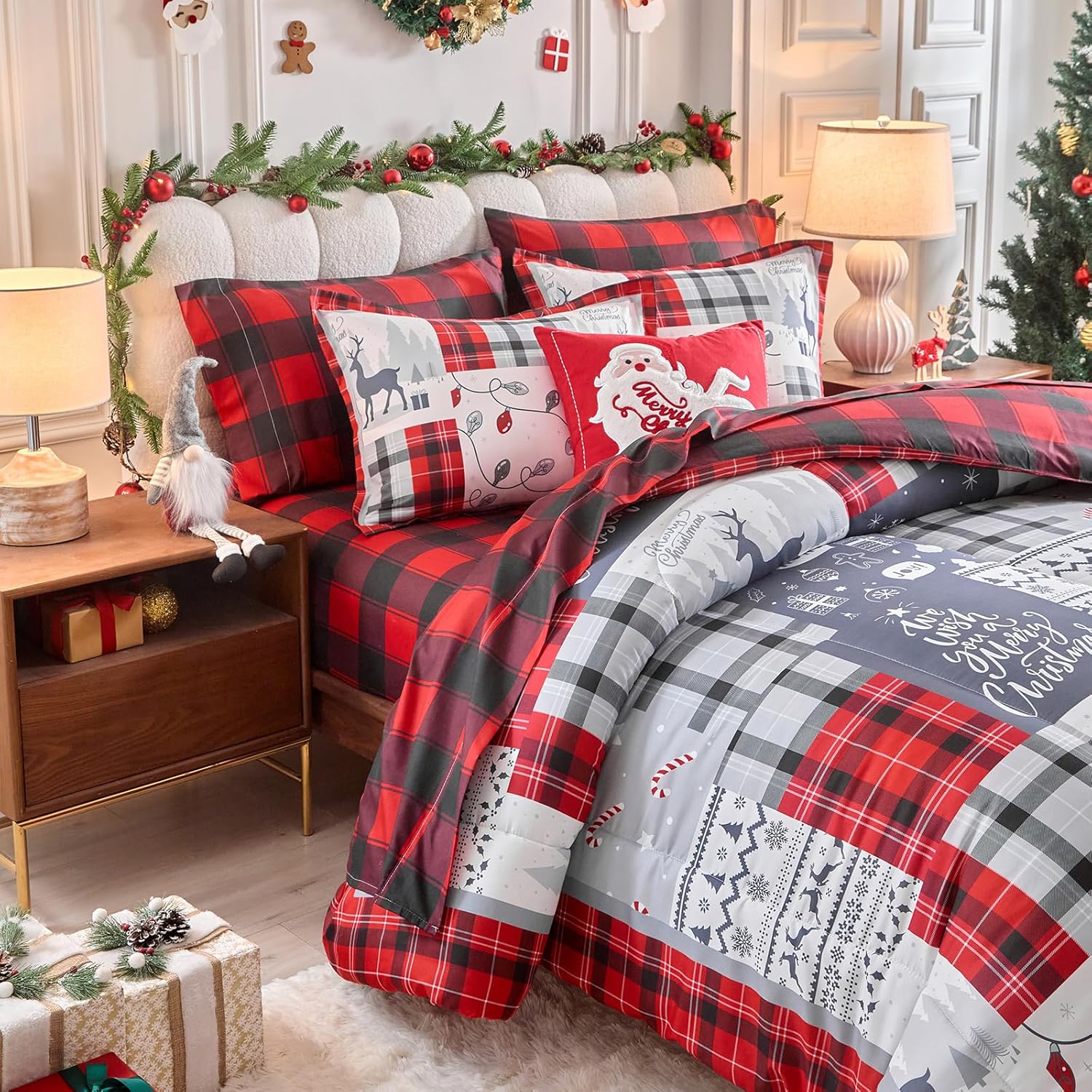 Christmas 7 Pieces Queen Comforter Sheet Set Patchwork Bed in a Bag Holiday New Year Style Gingham Bedding Set with Comforters, Sheets, Pillowcases & Shams - Red Gray Plaid with Deer Snowflake Candy