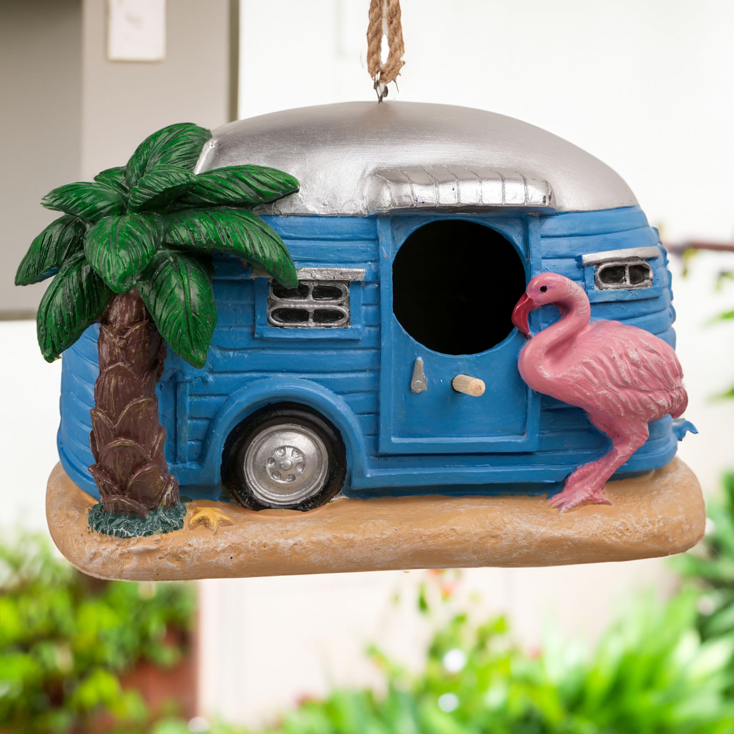 Hvfun Bird Houses for Outside, Decorative Cute Resin Flamingo RV Hanging Bird House for Outdoor Patio Garden