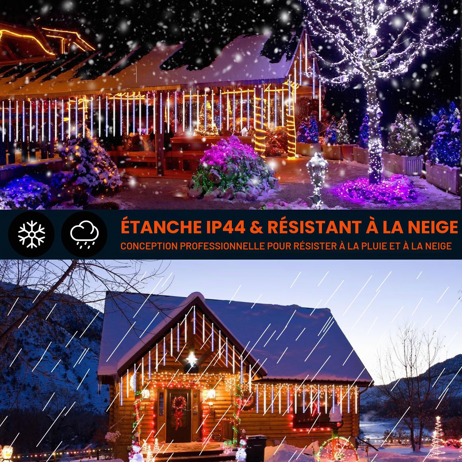 Lumières de Noël extérieures, Lumières de pluie de météores avec 16 tubes spirales (30cm 480 LEDs) longueur 5,25m, Lampe à glaçons étanche pour la décoration de Noël en extérieur, Blanc