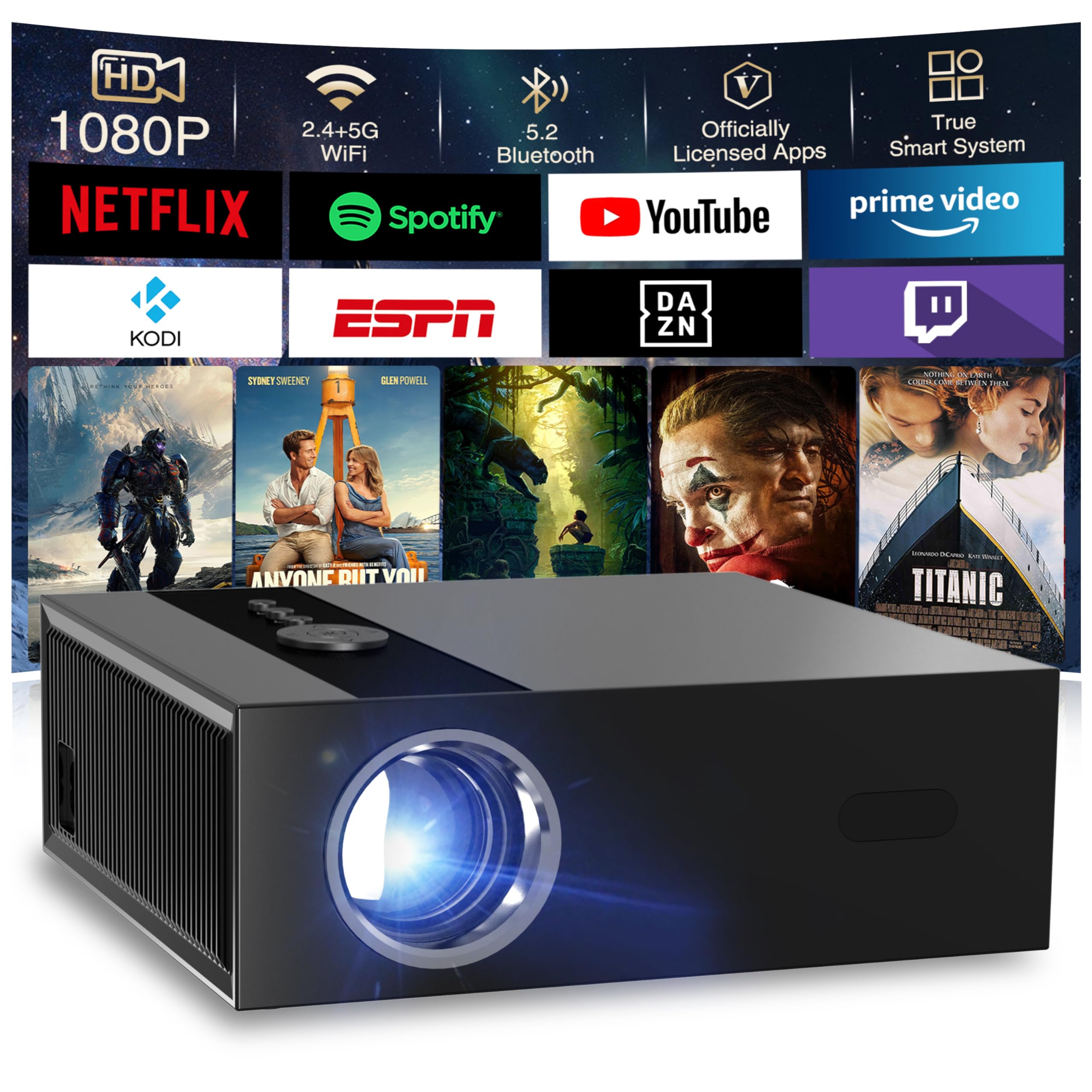 [App integrata & 2026 Upgraded] Proiettore 1080P 4K con WiFi 6 Bluetooth 5.2 Mini Proiettore Portatile Supporta Keystone Projector TV Stick/USB/HDMI/PC.(Nero)