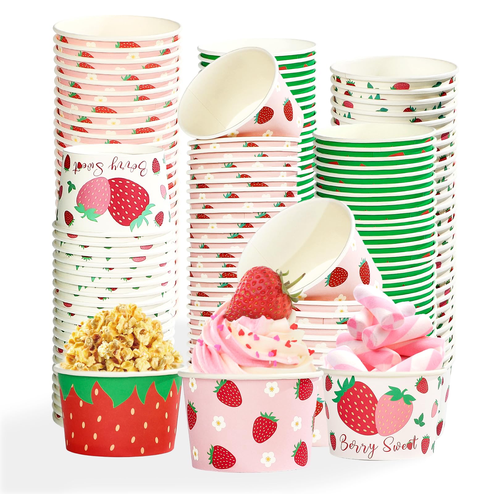 Photo 1 of 120Pcs Strawberry Paper Cups Bowls 12 oz Strawberry Disposable Ice Cream Snack Bowls Sweet Berry Spring Fruit Food Yogurt Cup Containers for Hot or Cold Food Candies Spring Birthday Party Supplies