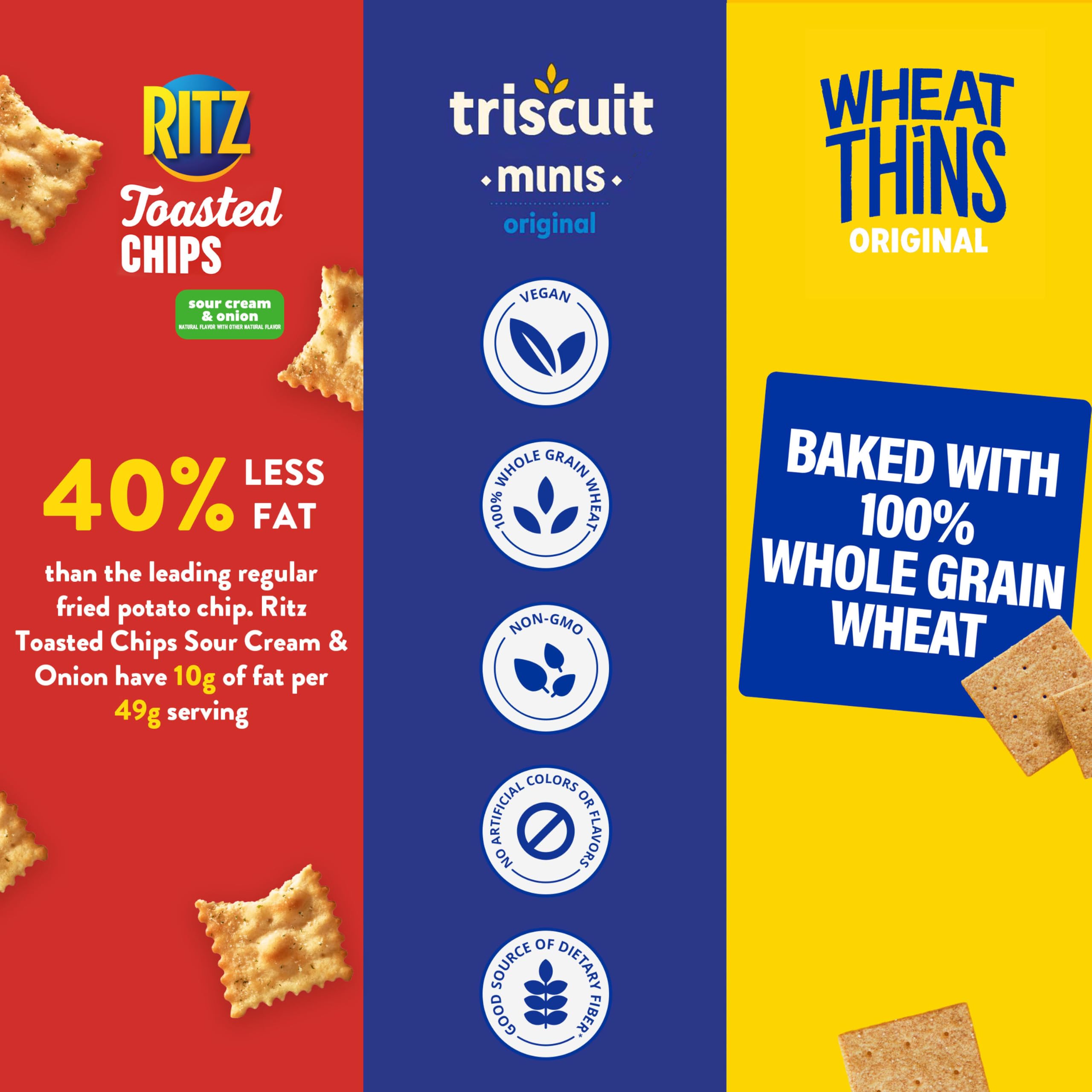 Nabisco Paquete variado de galletas, chips tostados RITZ, galletas de trigo integral y galletas veganas de trigo integral Triscuit Minis, 40 paquetes de aperitivos