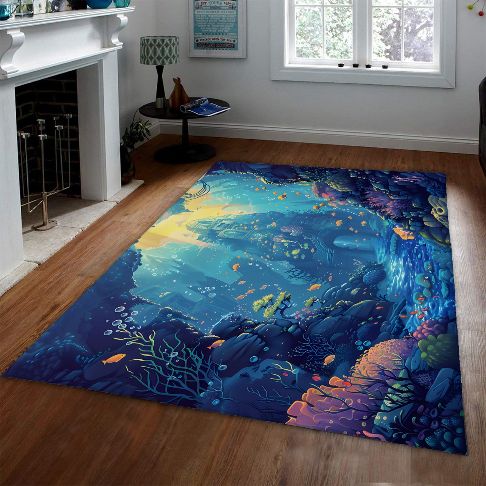 Dywan do pokoju dziecięcego, motyw Ocean Underwater Castle, redukcja hałasu, mata na krzesło, składana, trwała, antypoślizgowa mata ochronna na podłogę, 120 x 200 cm