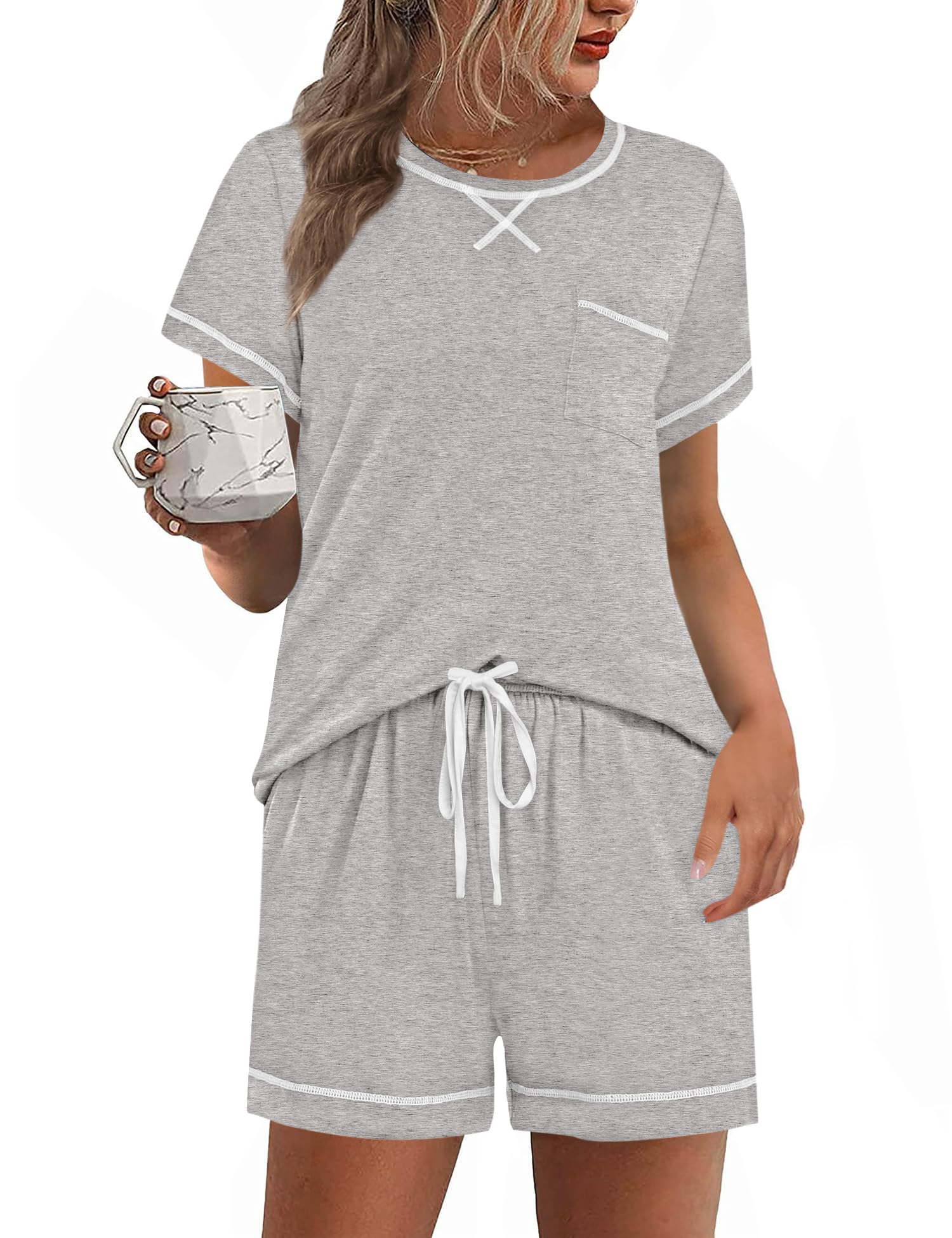 SWOMOG Womens Modal Pajama Set Short Sleeve Sleepwear Comfy Pjs Loungewear Sets 2 Piece Casual Nightwear with Pockets S-XXL