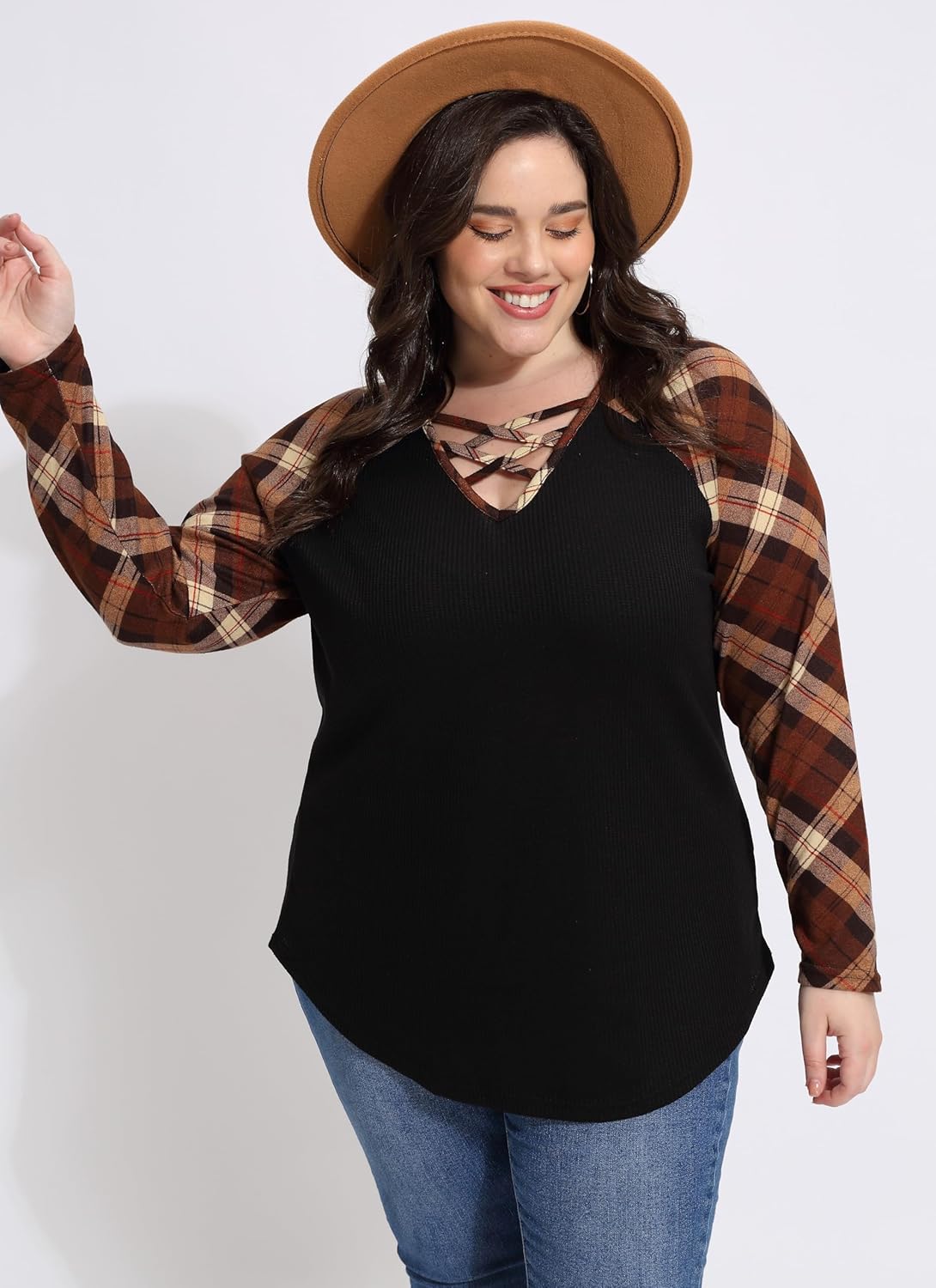 CARCOS Plus Size Tops for Women Criss Cross Long Sleeve Shirts V Neck Tunics Casual Fall T Shirt Loose Fits Blouses XL-5XL - Image 3