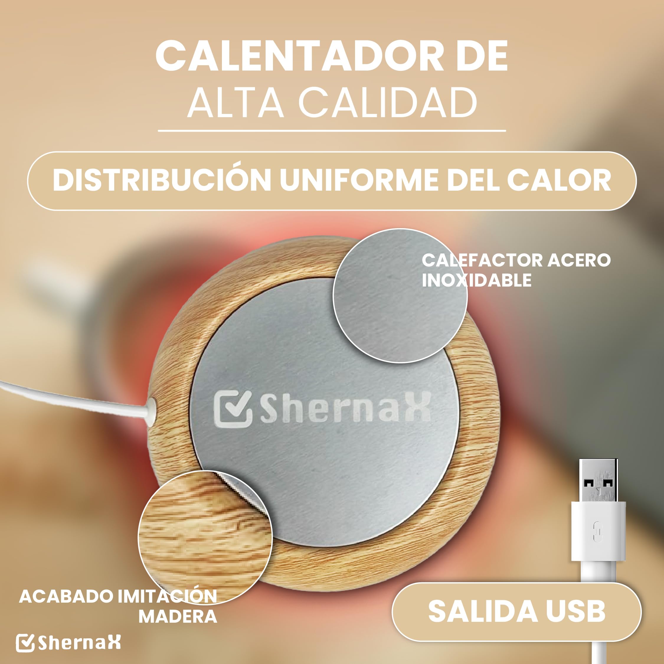 Calentador de Tazas de Café. Calienta Taza USB Calentador de Bebidas Portátil con Temperatura hasta 80℃ Calienta Tazas de Té, Café, Leche (Madera Clara)