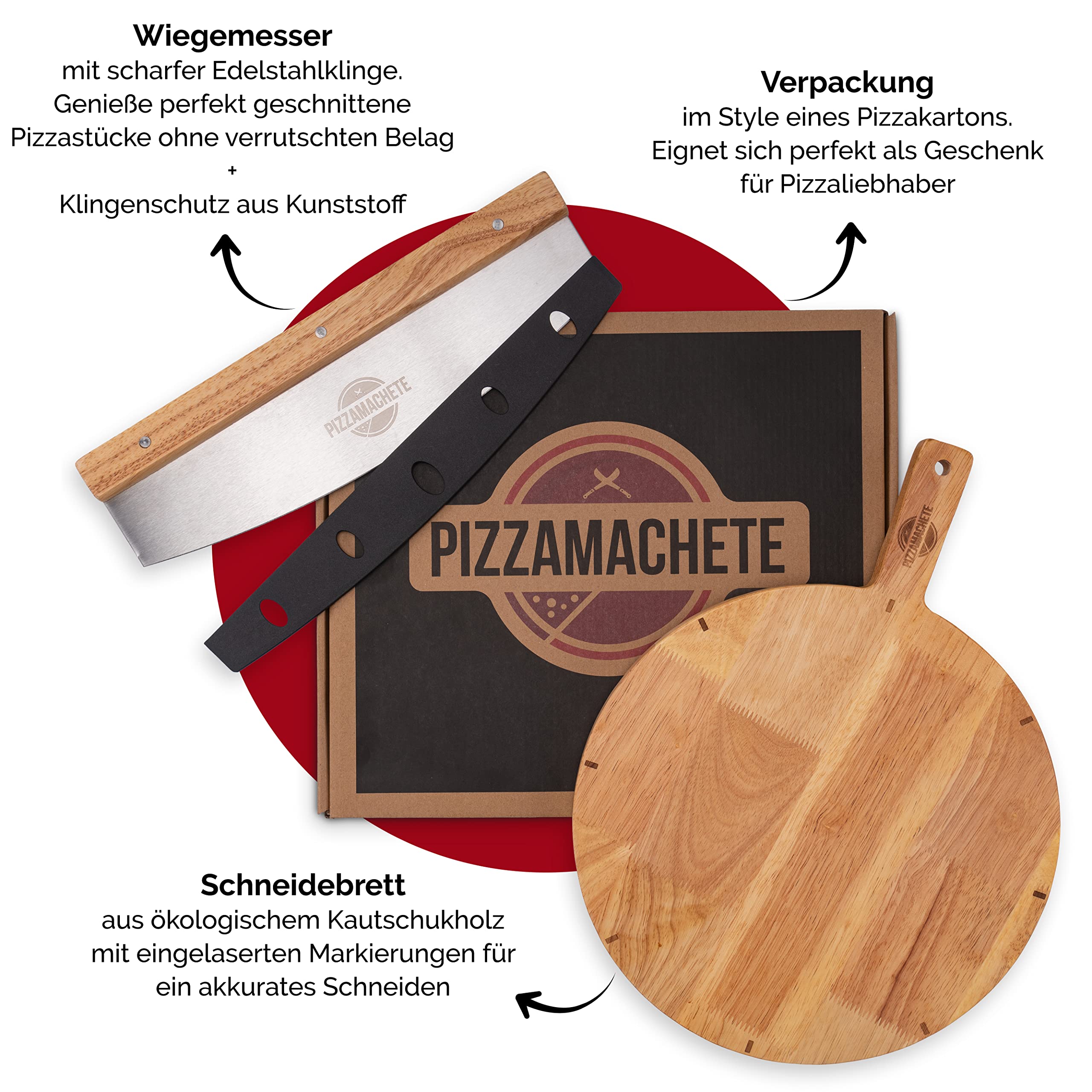 PIZZAMACHETE Pizzaschneider + Pizzabrett , Pizza Set bestehend aus Wiegemesser und Pizzaschneidebrett, -Zubehör mit Cutter aus rostfreiem Edelstahl, Bretter Holz-Griff