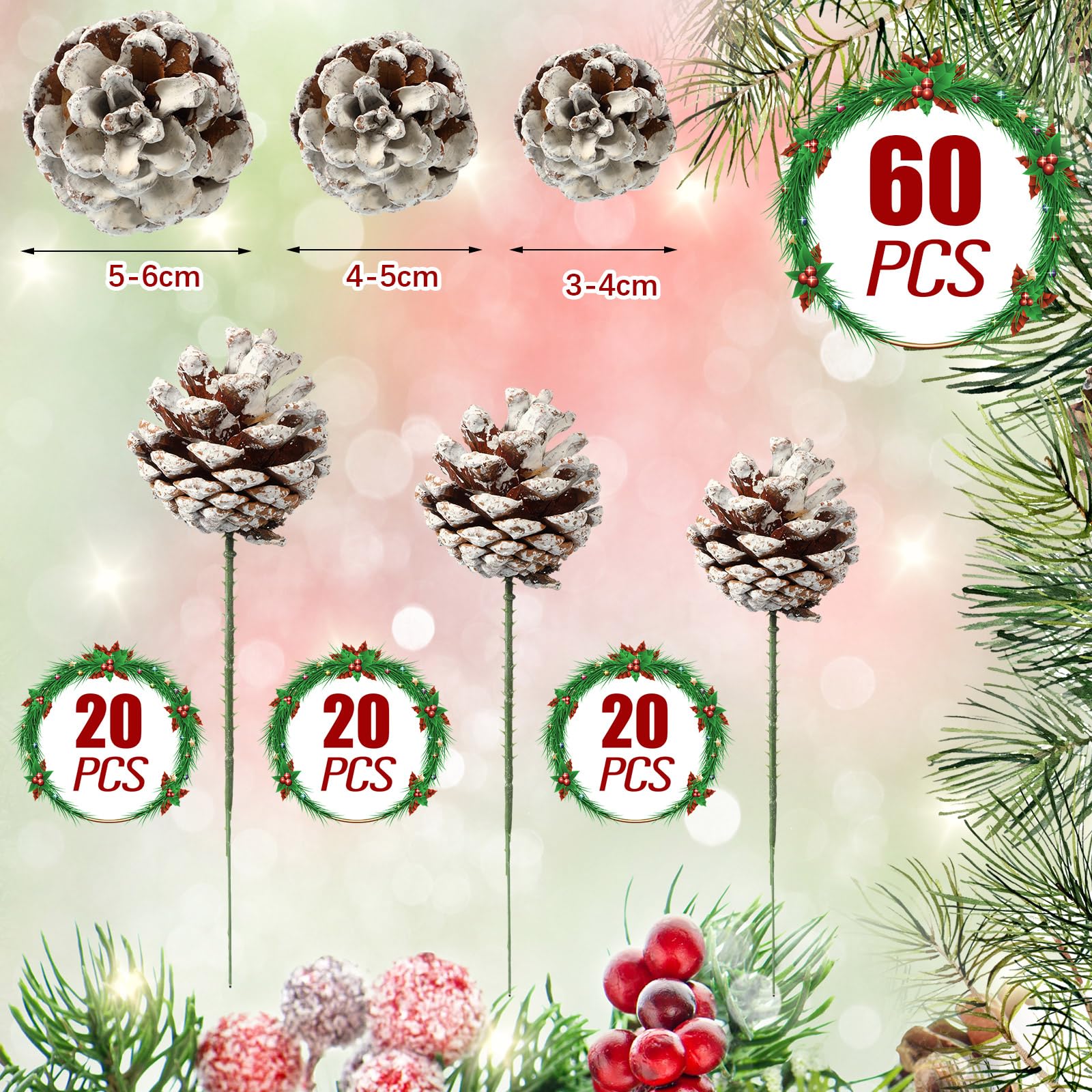 Leyndo 60 piñas naturales de Navidad, piñas de nieve, piñas de pino de Navidad, 3 tamaños, decoración de cono de pino para guirnalda, árbol de Navidad, adornos de vacaciones de invierno, decoración