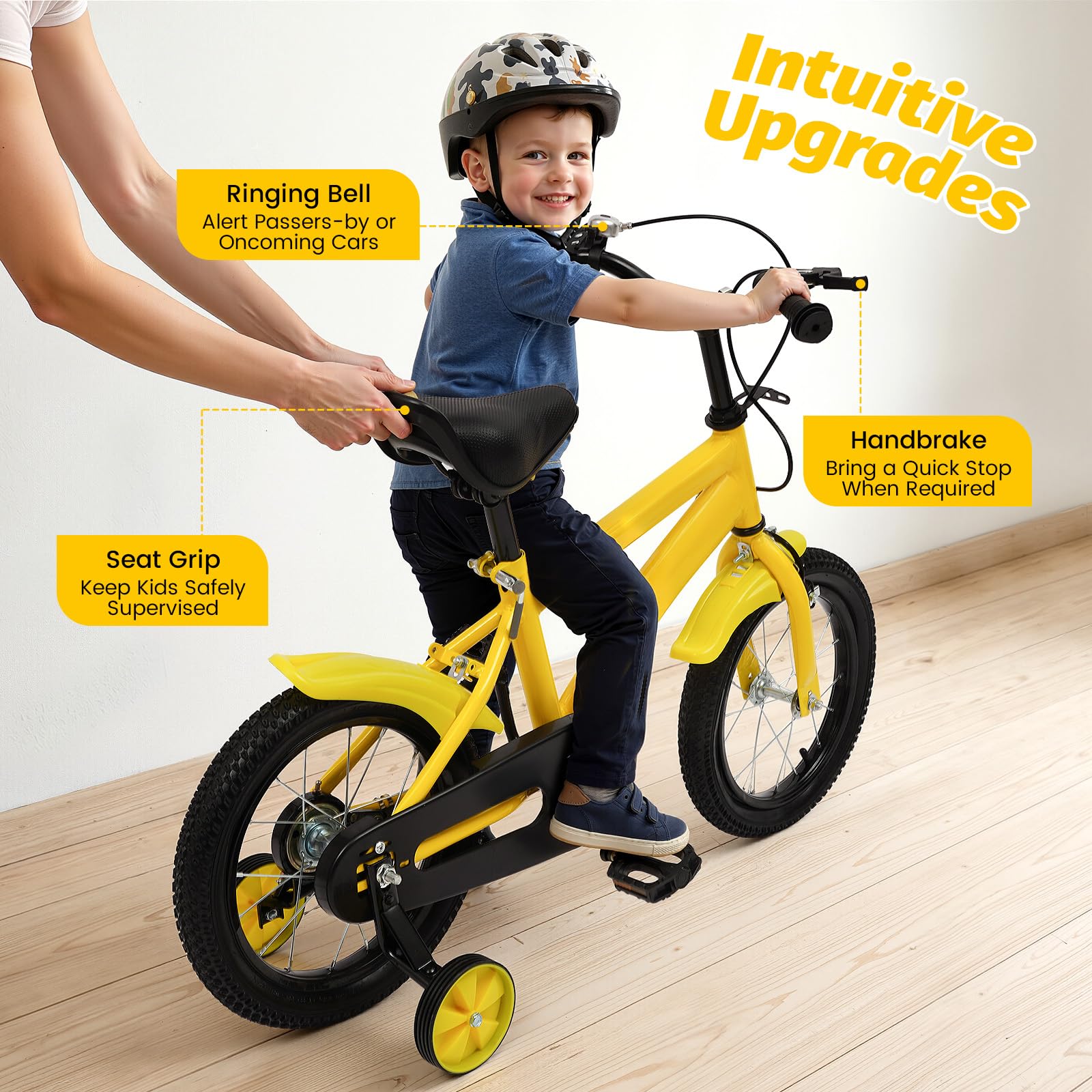 Bicicleta infantil de 14 pulgadas de altura ajustable a partir de 3 años, bicicleta segura con ruedas estabilizadoras y sistema de doble freno, para niños y niñas, perfecta para entrenamiento