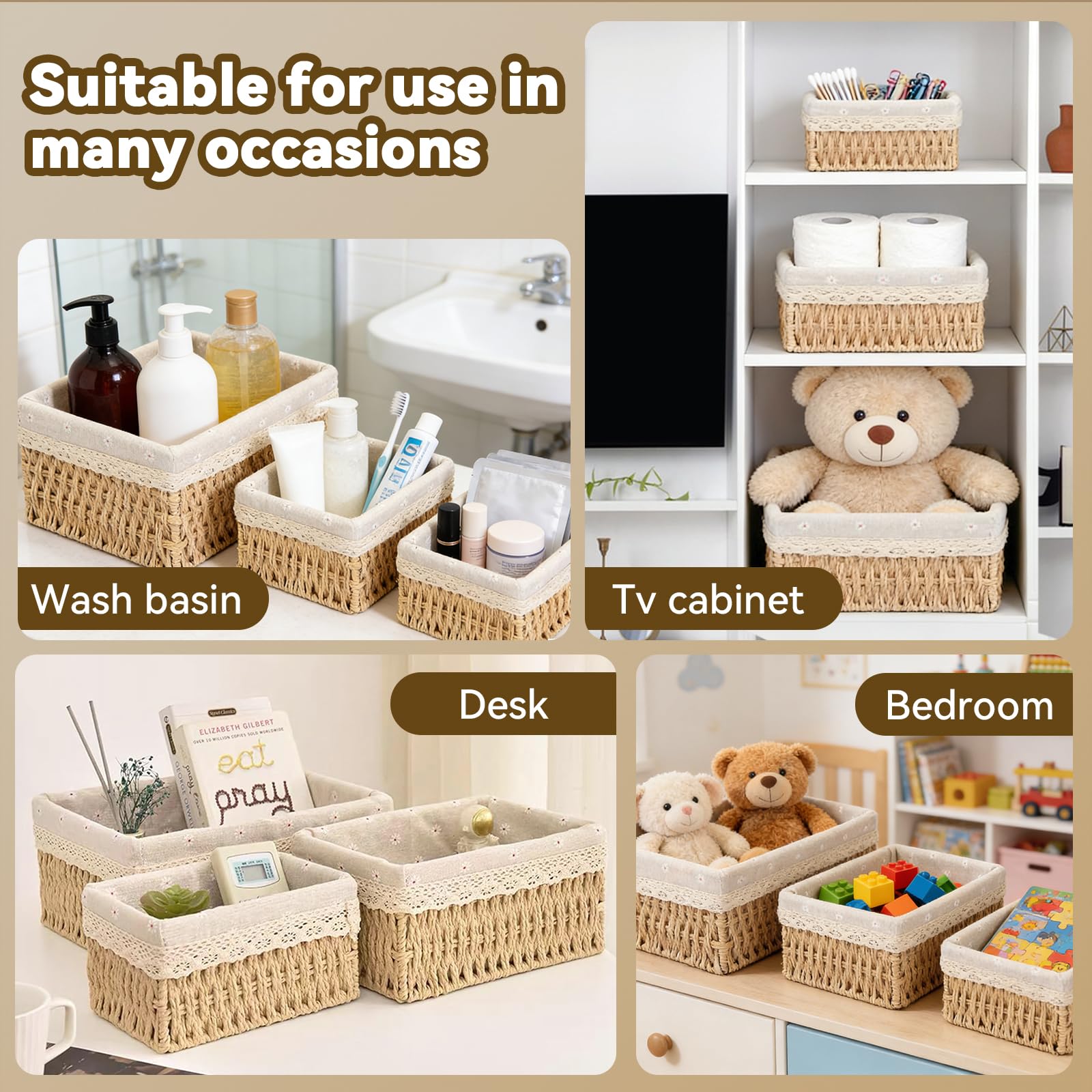 3 Paniers de Rangement Tressés, Panier Osier Empilable, Panier de Rangement pour Jouets, avec Doublure Amovible, pour la Maison, le Bureau, la Salle de Bain et la Chambre(Beige, L+M+S)