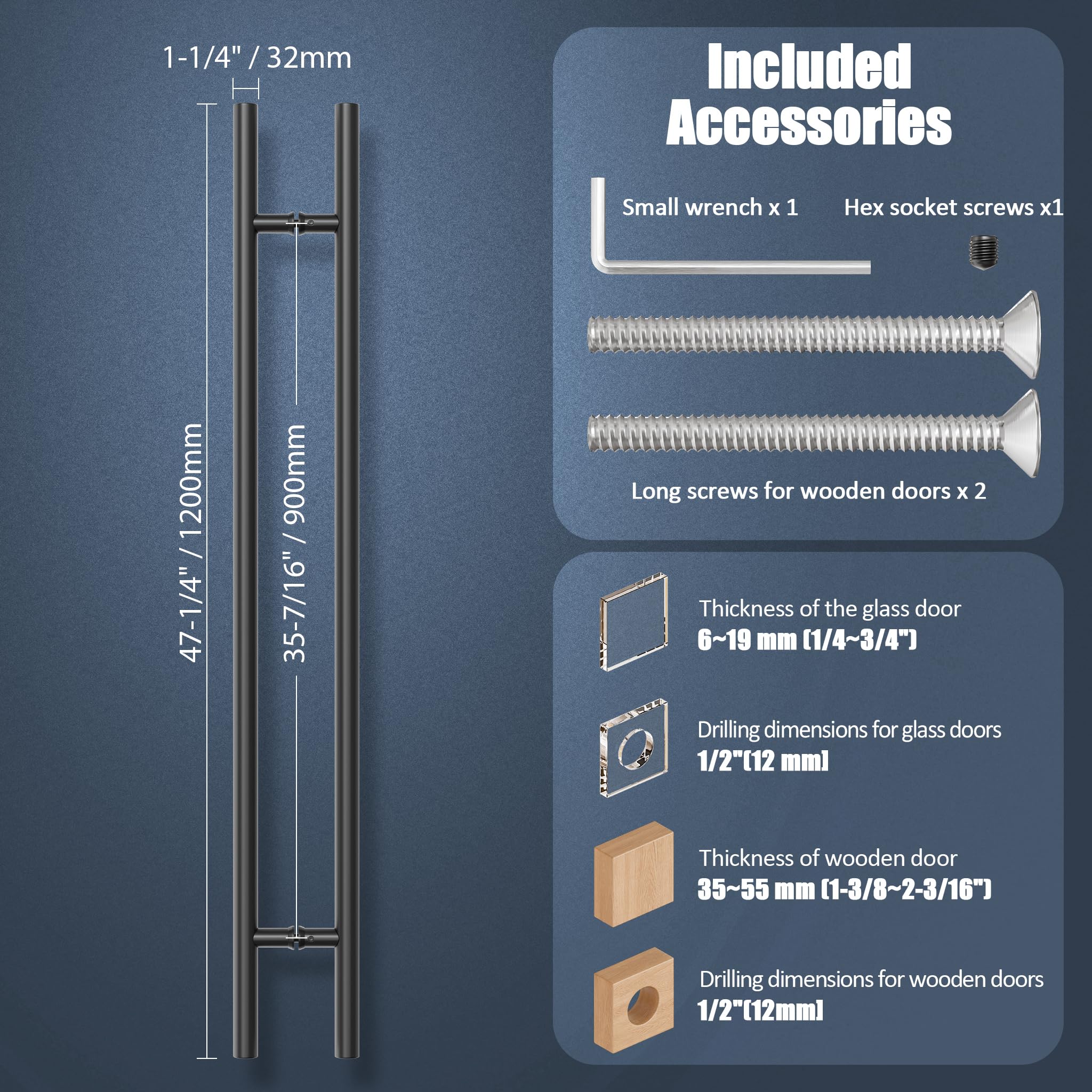 Ranbo Manija grande en forma de H de 122 cm de longitud de atrás a atrás, diseño de chaflán de borde para mayor seguridad, acero inoxidable 304, para puerta de entrada comercial de ducha de madera