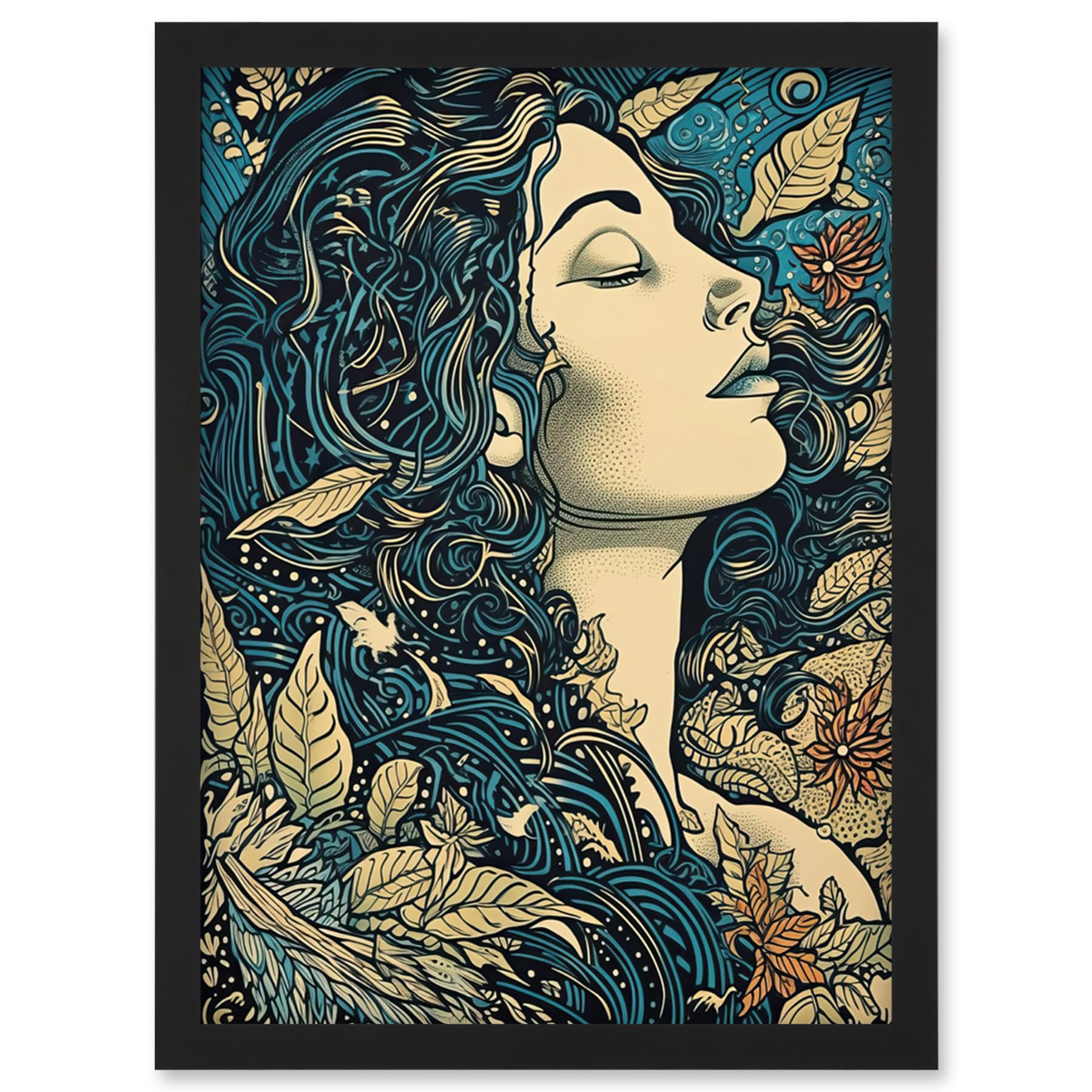 Artery8 A4 Framed Wall Art Print - Mother Nature Modern Boho Art Nouveau Linocut Artwork - Black