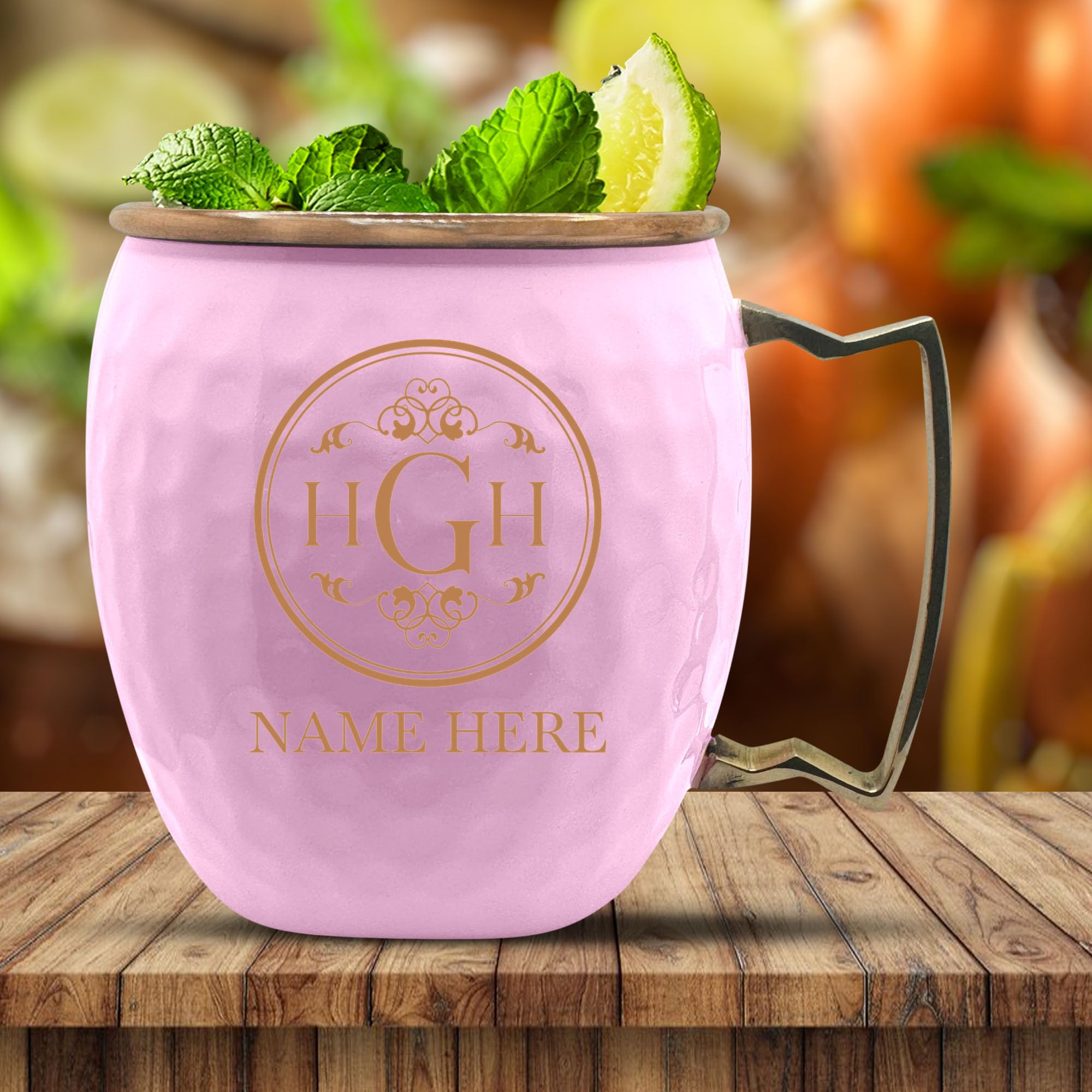 Custom Copper Moscow Mule with Hammered Painted Finish - Engraved Bar Style 100% Copper Cup with Personalized Circle Vintage Elements Monogram Themed Engraving, Brass Handle | 18 oz, Pink | Set of 4