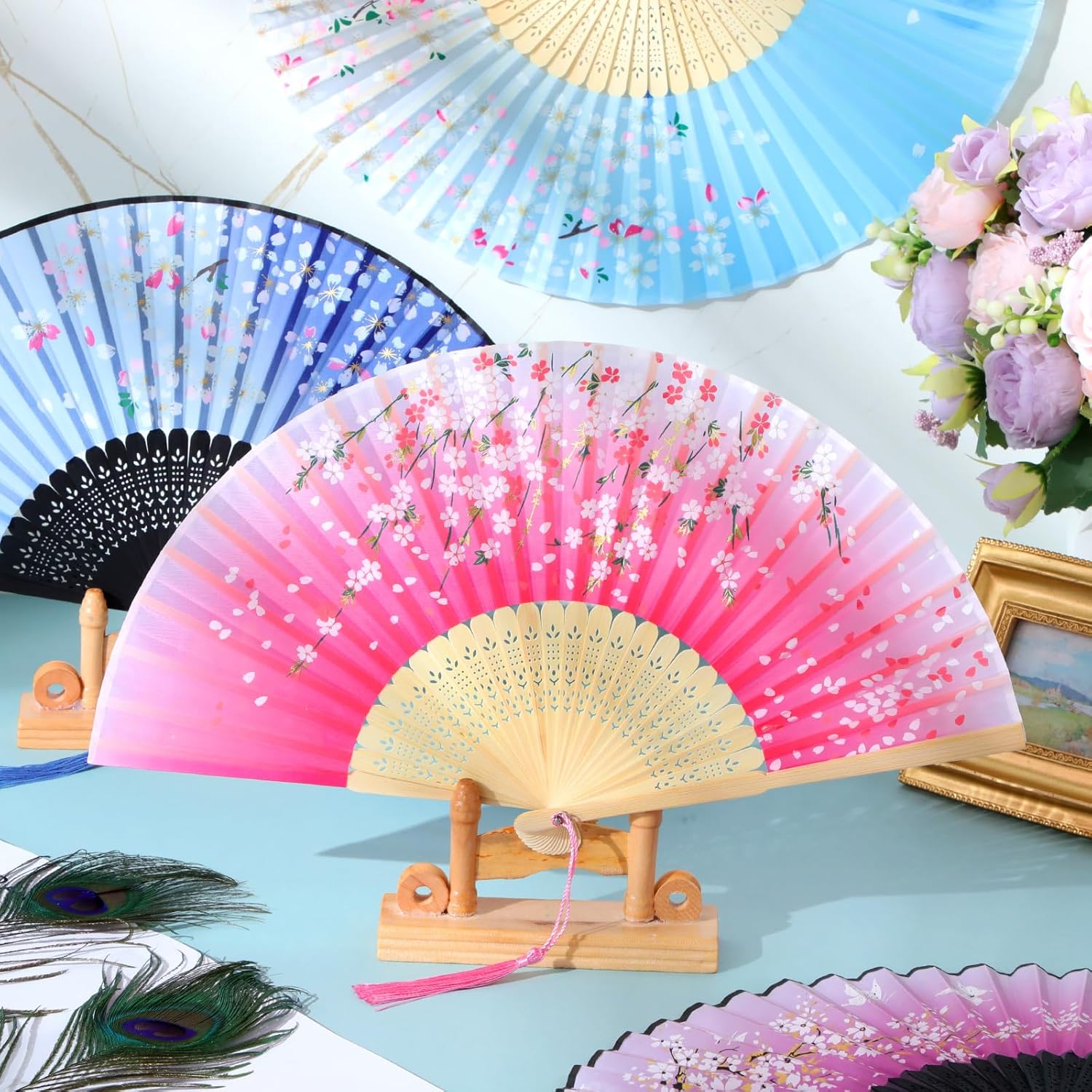 Zonon 4 Pack Handheld Floral Folding Fans Hand Held Silk Bamboo Fans with Tassel Women Hollowed Hand Foldable Fan with Fabric Sleeve for Dancing Wedding Decoration Gifts(Chic)