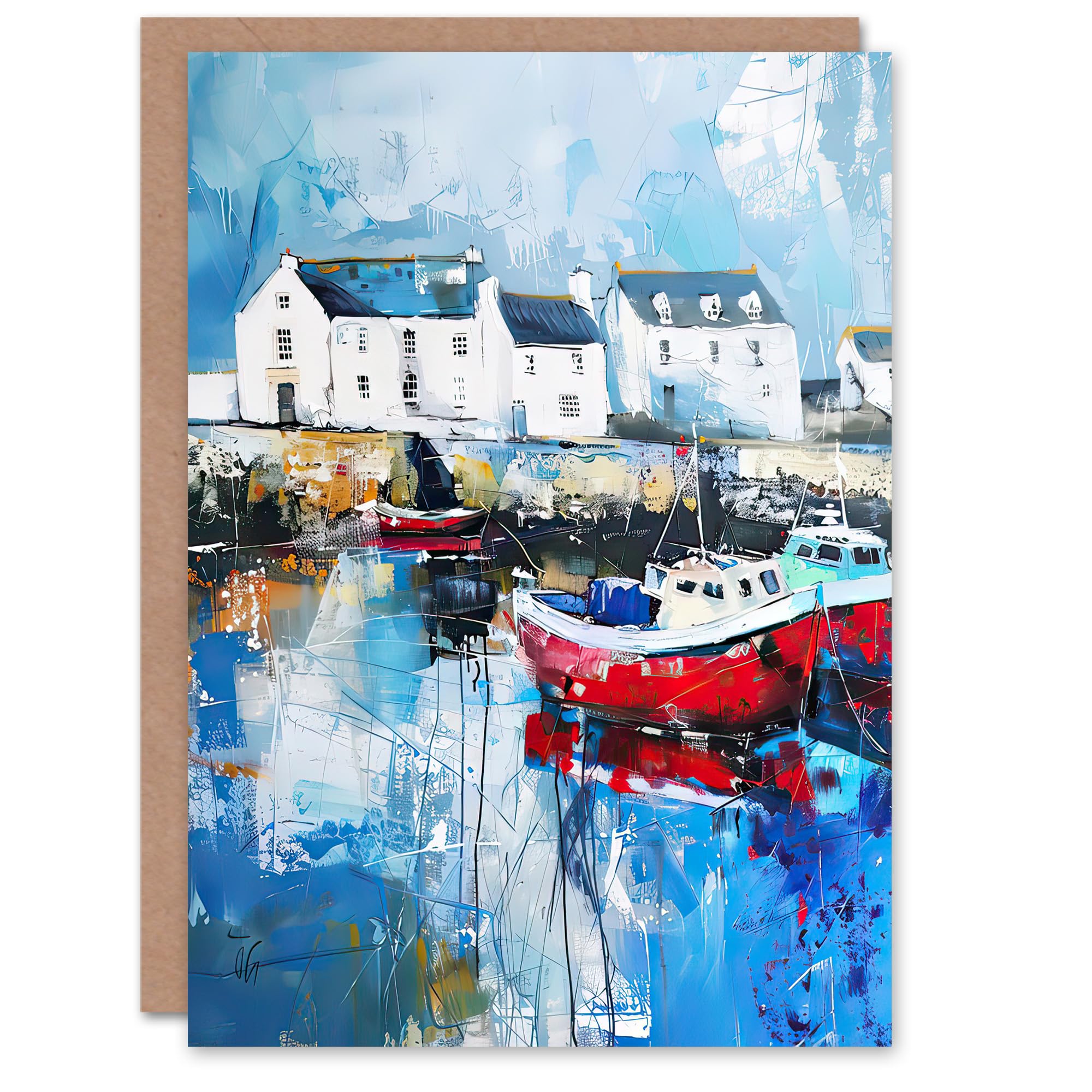 Artery8 Greeting Card Boats Harbour Coastal Townscape Oil Painting Blank For Him Or Her Art Birthday Card