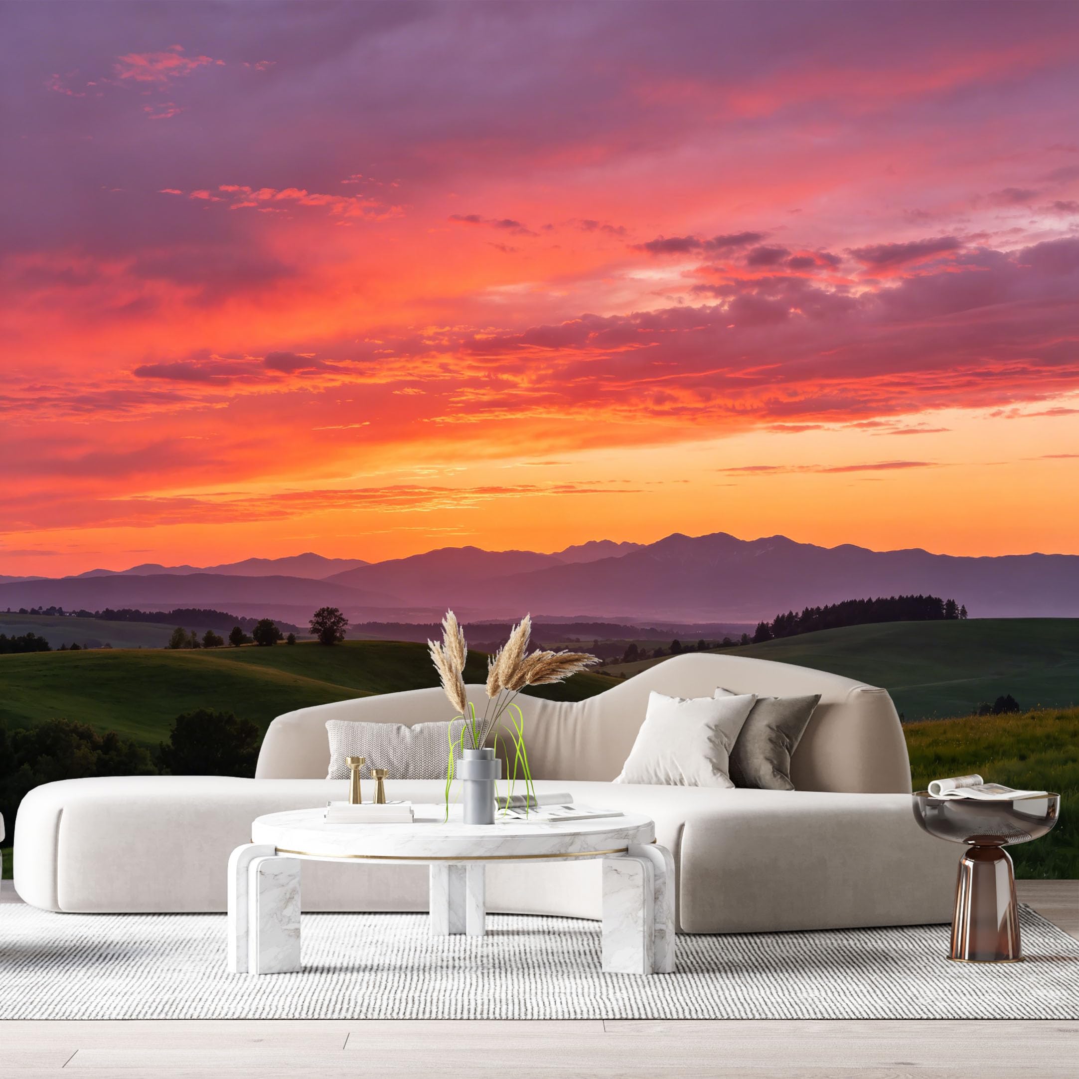 Custom Size Wall Murals Sunset Mountain Landscape Oil Painting Rolling Hills Colorful Sky SelfAdhesive Wall Fabric Removable Large Wallpaper for Photo Living Room