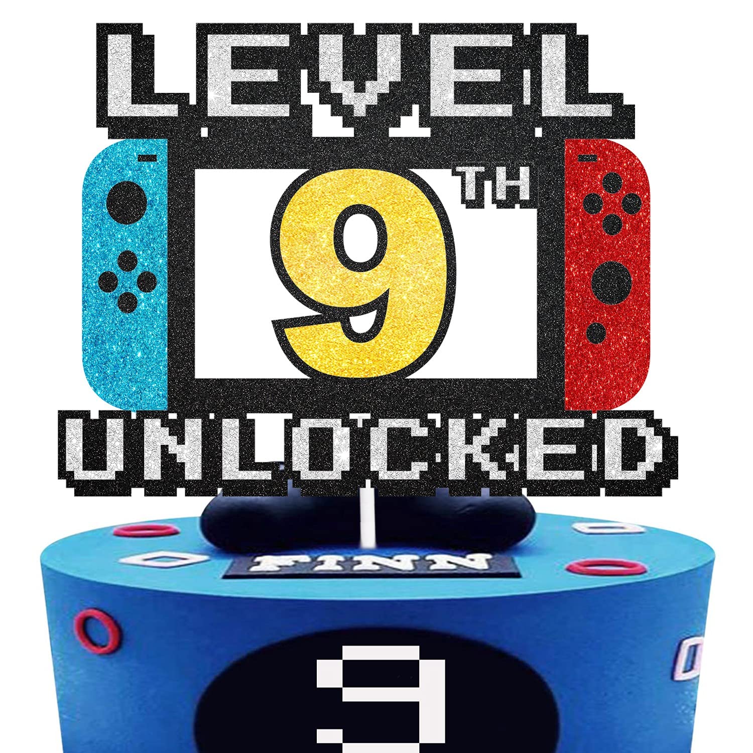 Level Up Cake Topper - Level 9th Game Sign Theme Party Decorations for Video Game Themed Kids Boy Girl Party Supplies