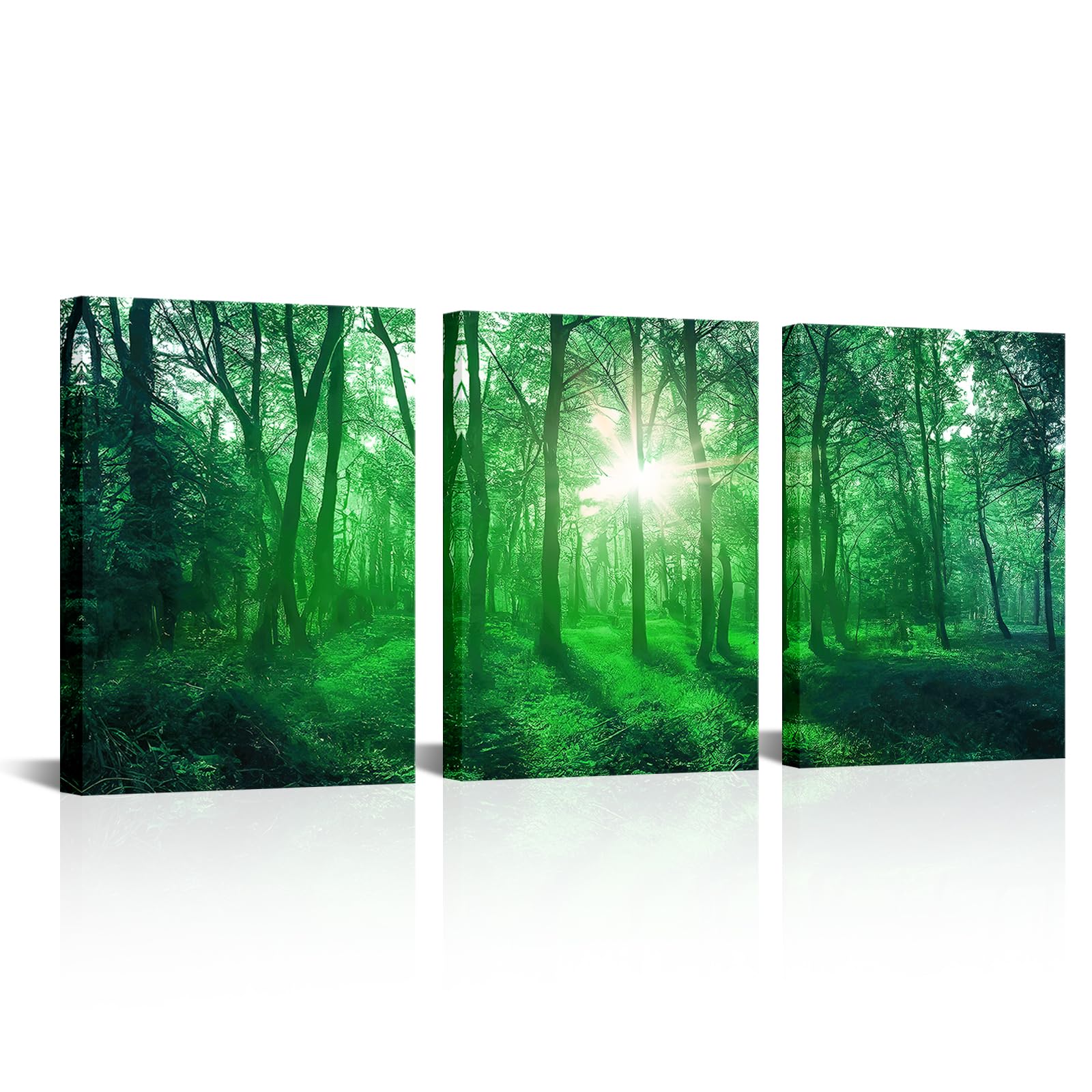 Forest Morning Spring Sunrise Canvas Wall Art Green Tree Sunshine Over Forest Landscape Picture Paintings Nature Scenery Artwork for Home Office Wall Decor