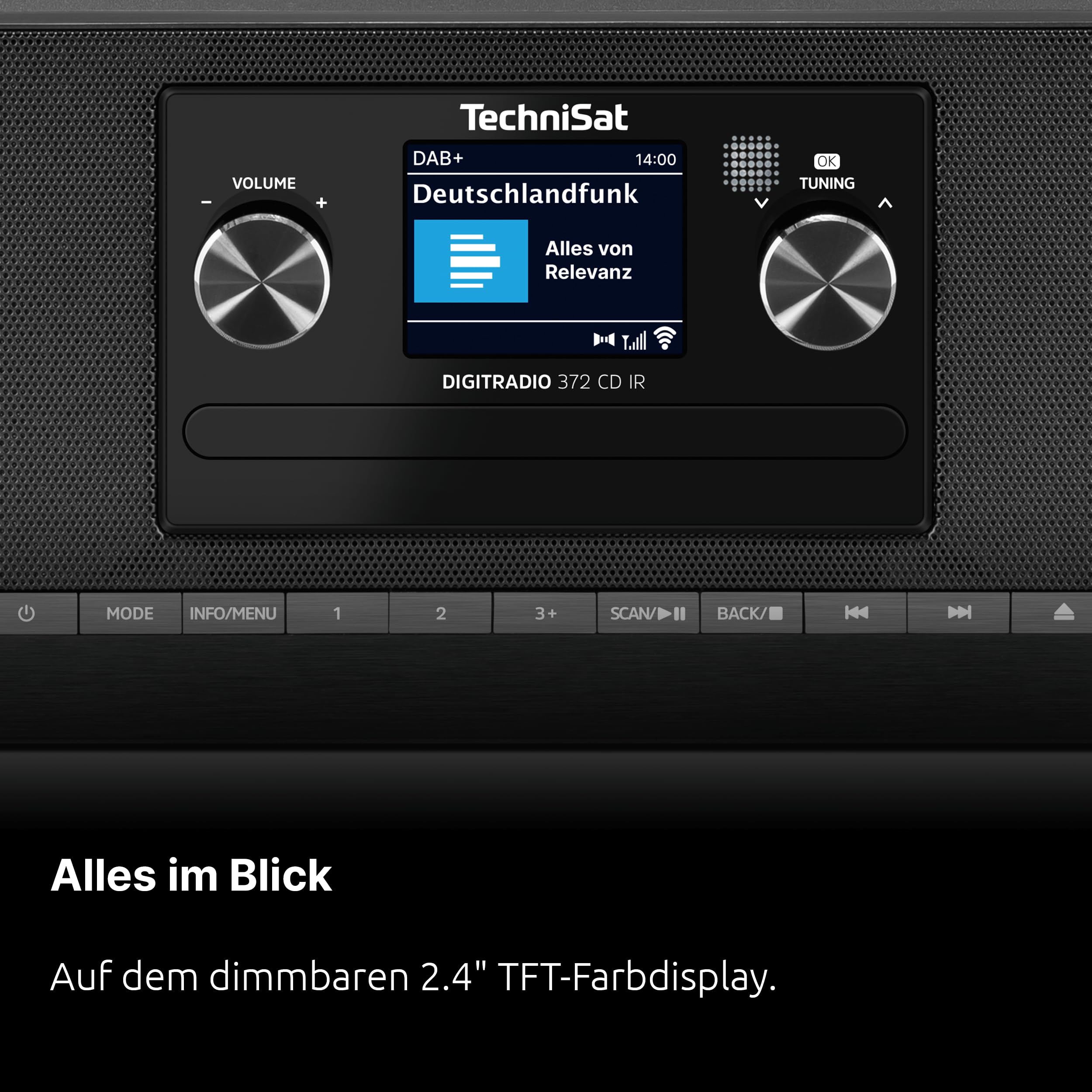 TechniSat DIGITRADIO 372 CD IR – Stereo Internetradio mit DAB+, UKW, CD-Player, WLAN, Bluetooth, Farbdisplay, USB, AUX, Kopfhöreranschluss, Wecker, 10 W, App-Steuerung und Fernbedienung - Schwarz