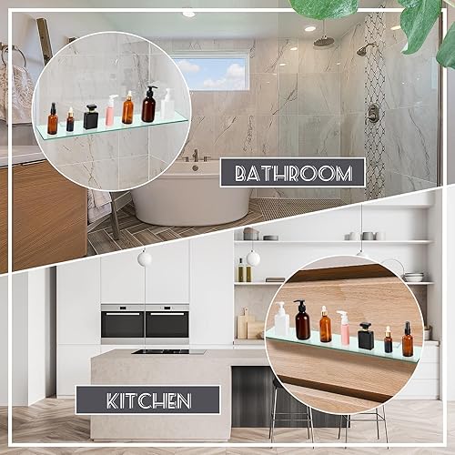 Miniatura 7 de Tatuo Estante de baño de 2 piezas de vidrio templado para baño, acero inoxidable 304, estantes de vidrio flotante (23.6 pulgadas)
