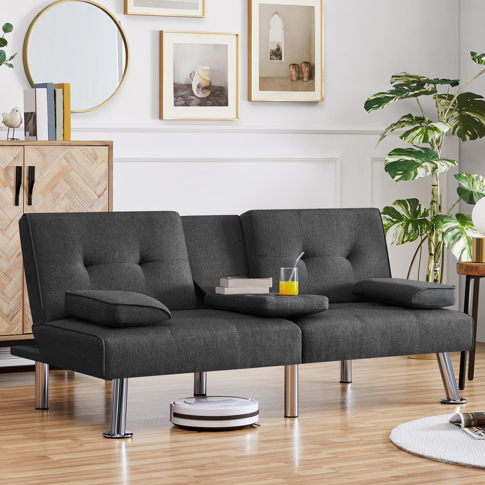 Yaheetech Convertible Sofa Bed Adjustable Fabric Couch Sleeper Modern Recliner Reversible Loveseat Folding Daybed Guest Bed, Removable Armrests, Cup Holders, 3 Angles, 772lb Capacity, Black: Yaheetech Convertible Sofa Bed Adjustable Fabric Couch Sleeper Modern Recliner Reversible Loveseat Folding Daybed Guest Bed, Removable Armrests, Cup Holders, 3 Angles, 772lb Capacity, Dark Gray